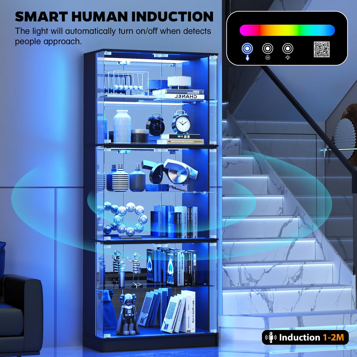 VersionTECH. 71'' Tall Display Cabinet with Glass Doors & RGB Lights, Black