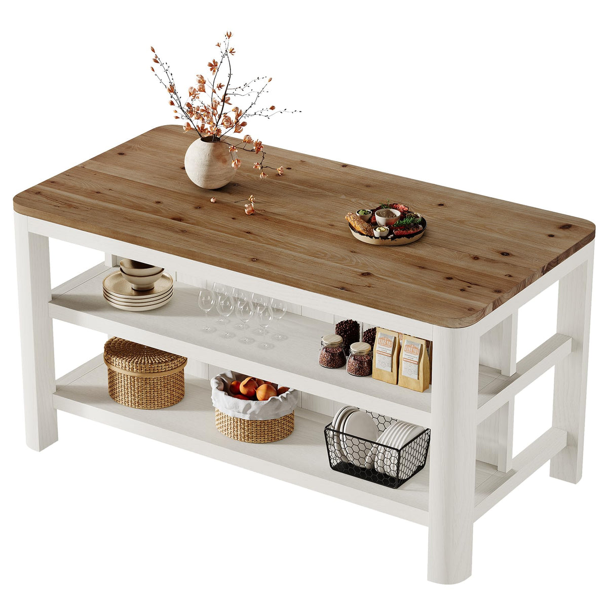 Solid Wood Kitchen Island with Shelves