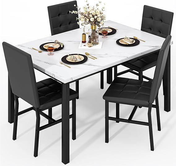 4-Piece Faux Marble Dining Table Set with Velvet Chairs