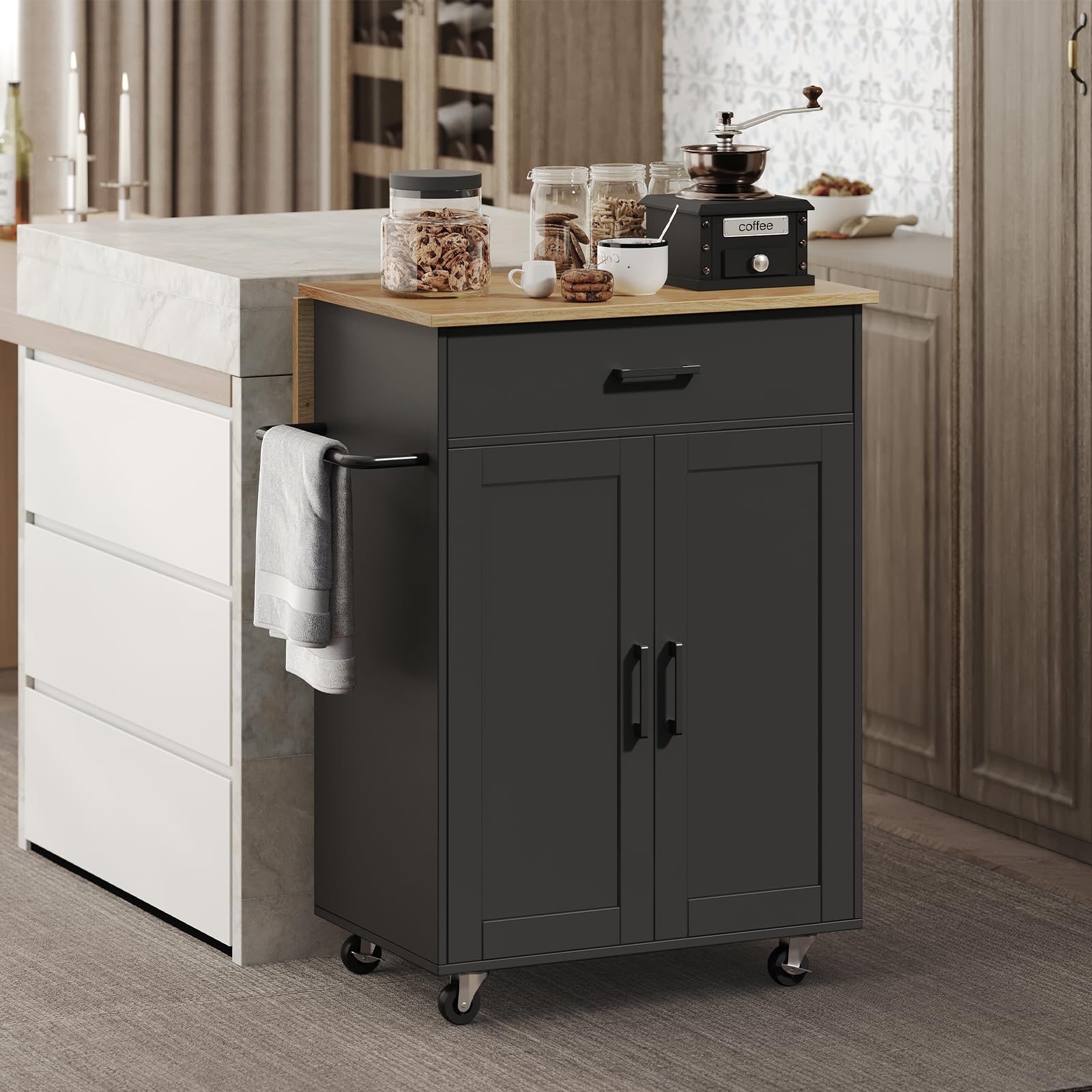 MAHANCRIS Kitchen Island on Wheels with Drop Leaf, Folding Countertop Kitchen Island Cart, Kitchen Islands Table with Towel Rack, Drawer, for Kitchen, Dining Room, Black and Natural KINB12501