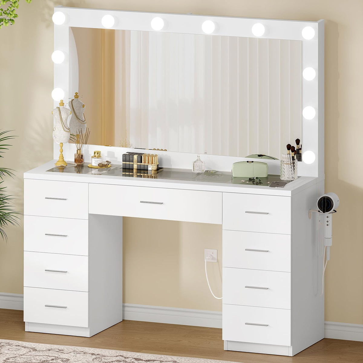 9-Drawer Vanity Desk with LED Mirror