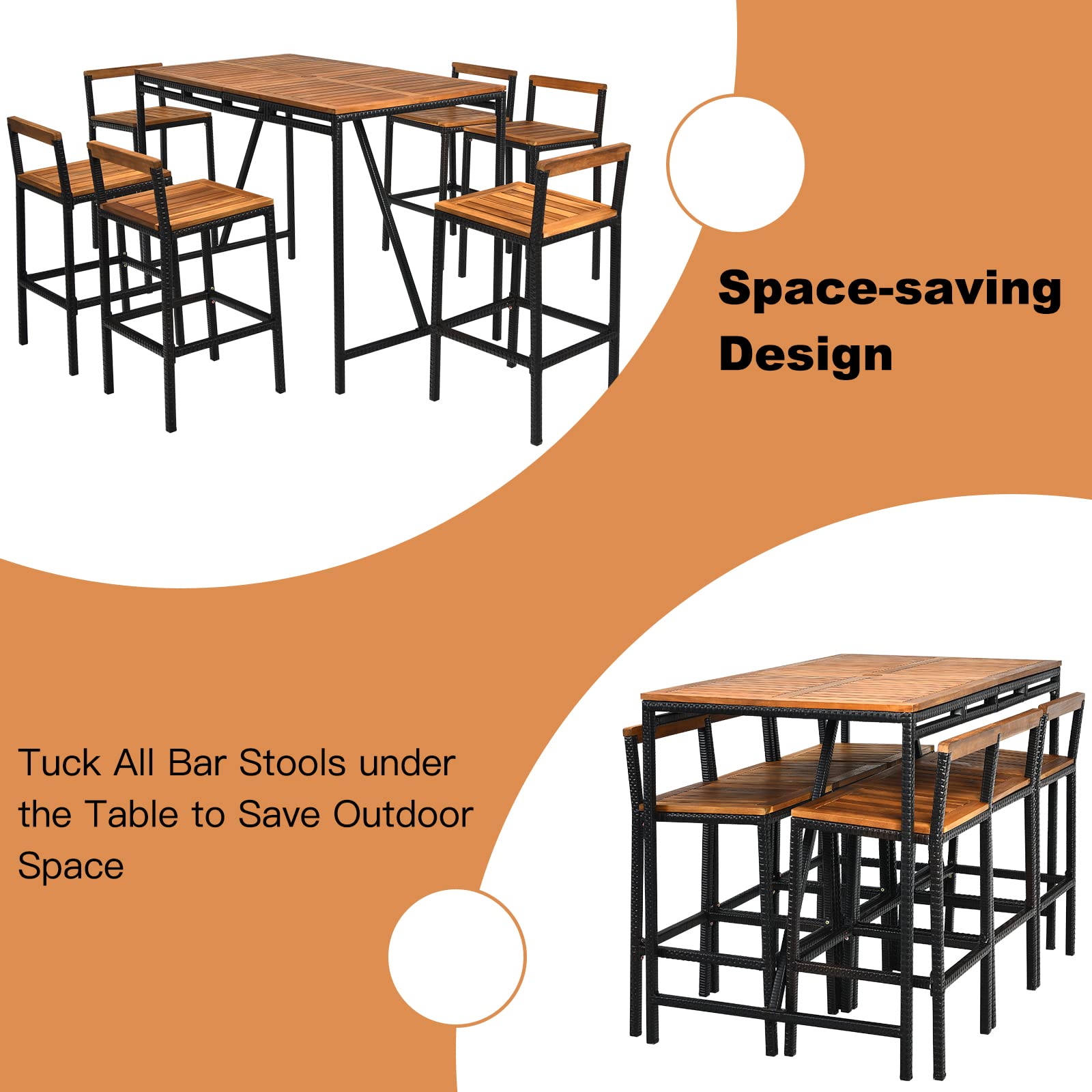 HAPPYGRILL 7 Piece Patio Bar Table Set with Umbrella Hole Acacia Wood High-Dining Bistro Set with 6 Bar Stools, PE Wicker Outdoor Bar Set for Backyard Patio and Poolside