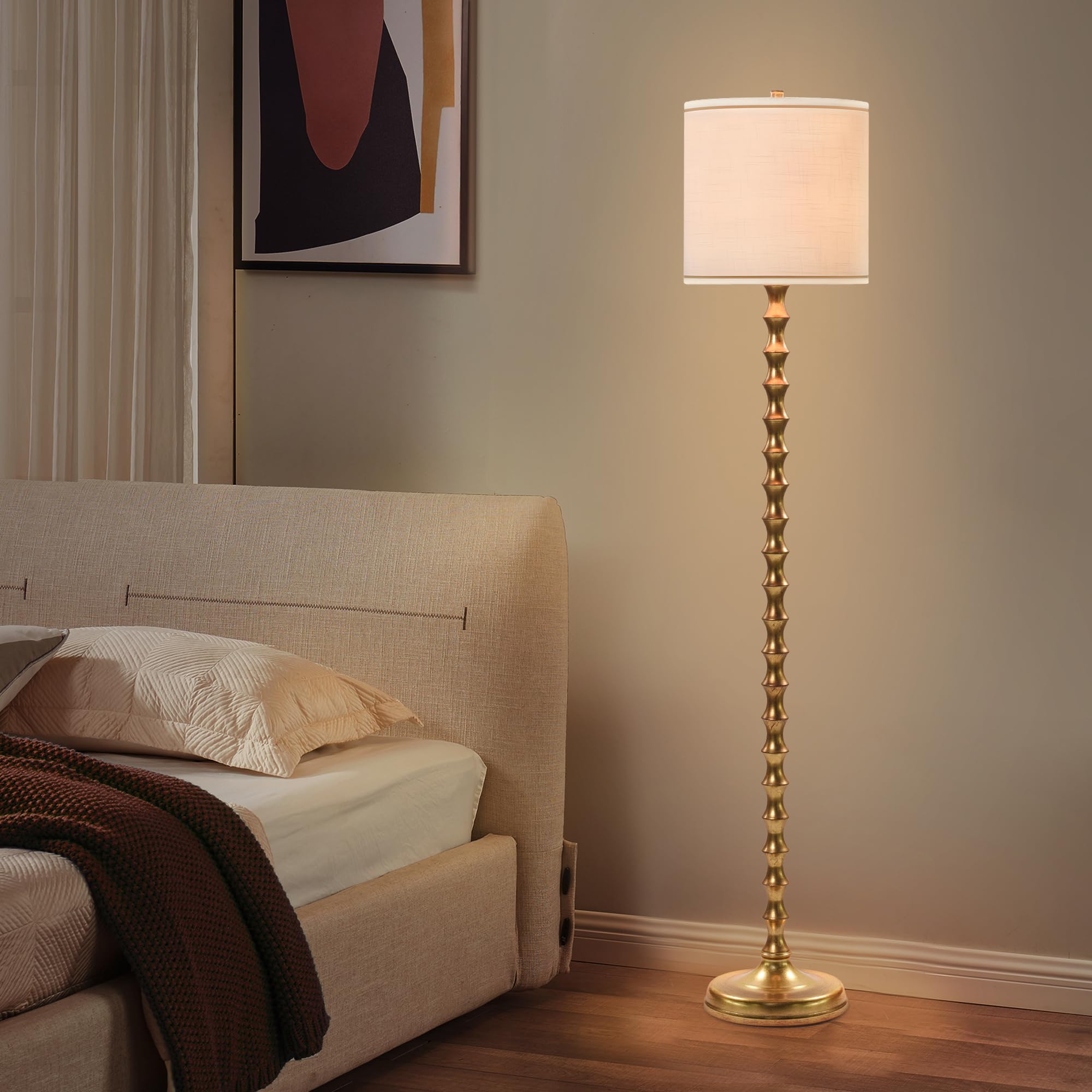 64.5" Vintage Gold Floor Lamp with Linen Drum Shade