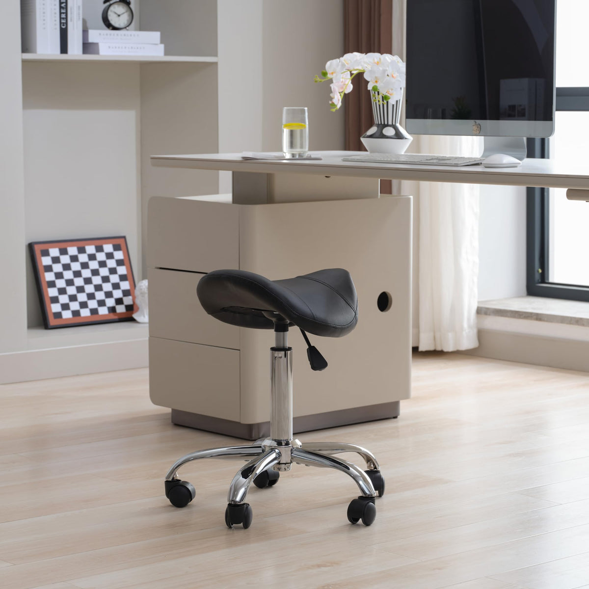 FIRAVOE Saddle Stool, Swivel Saddle Stools with Wheels, Adjustable Rolling Stool 18"-26", Faux Leather Rolling Saddle Stool for Salon, Massage, Clinic, Lab, Office (Black, 1PCS (18"-26"))