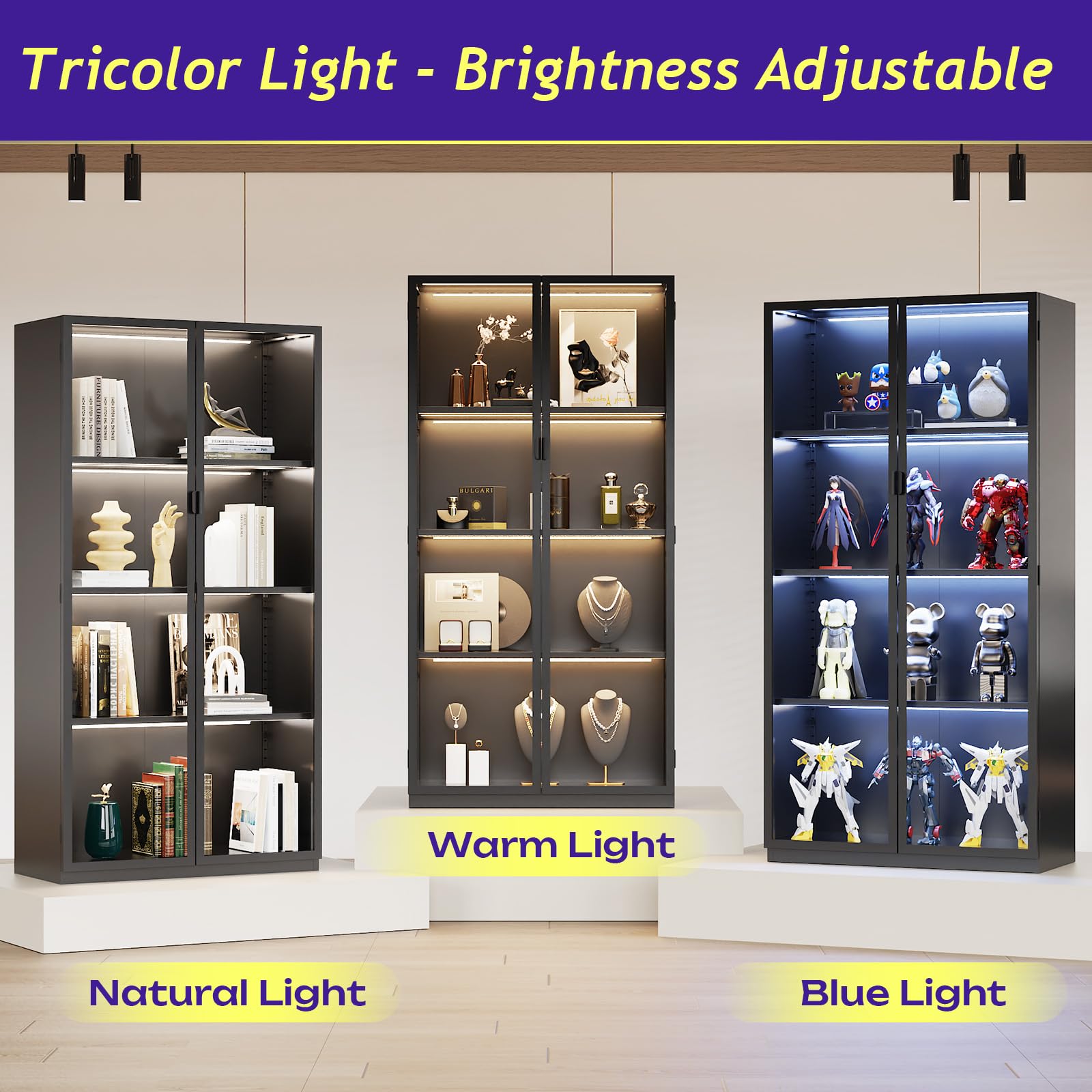 Rumetol Display Cabinet with Glass Doors, 4-Tier Curio Cabinet with 3 Color Lights,Glass Display Case for Collectibles with Adjustable Shelves-Toys,Books,Figures,Exhibit(63" Black)