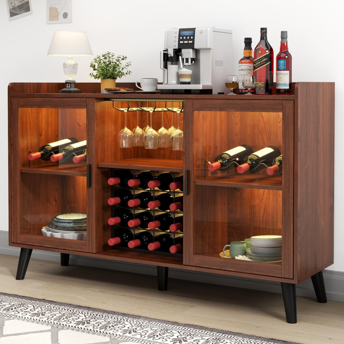 Wine Bar Cabinet with LED Light, Home Coffee Cabinet w/ Wine & Glass Holder