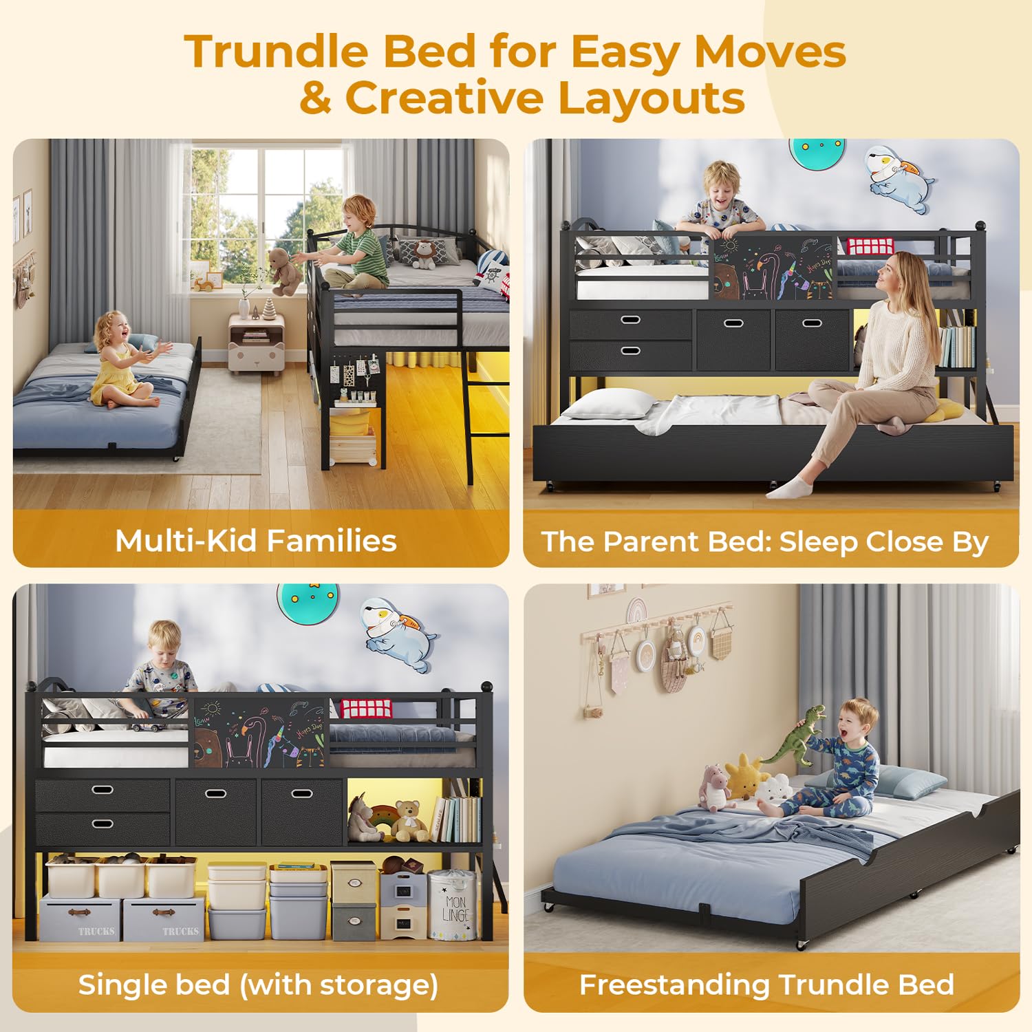 ADORNEVE Low Loft Bed Twin Size with Trundle & LED Lights, Kids Loft Bed with 4 Storage Drawers & Open Cubbies & DIY Pegboard, Twin Loft Bed with Safety Guardrail,Under-Bed Play Zone, Black