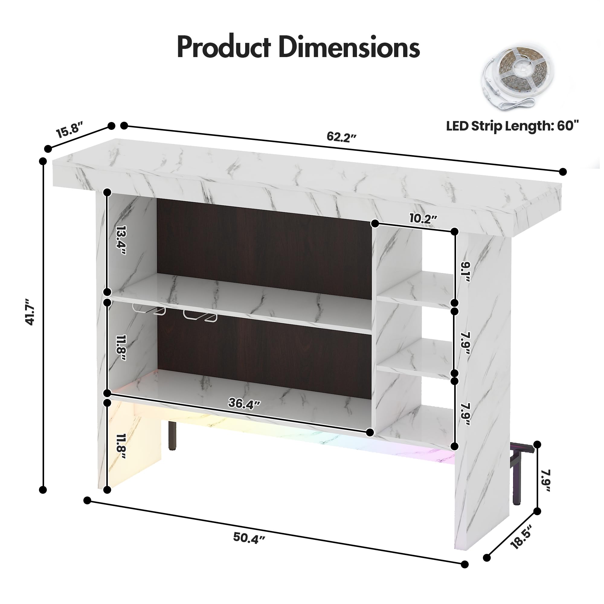 Marble-Style Bar Table with RGB LED Lighting & Storage