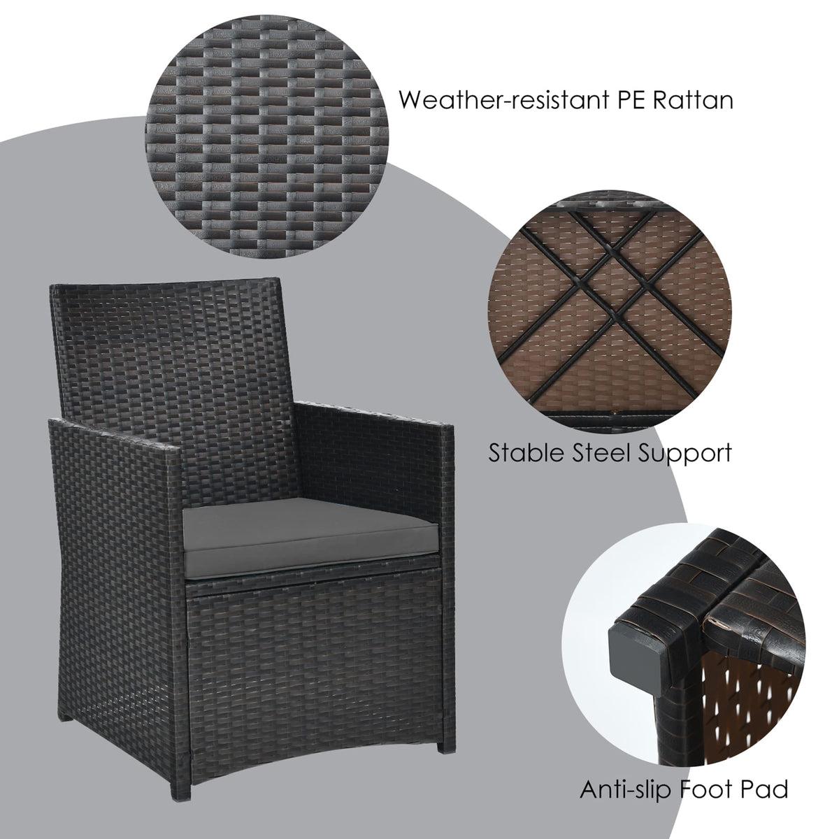 DORTALA Wicker Patio Bistro Set 3 Piece, Outdoor Table and Chairs with Tempered Glass Tabletop, Cushions, Small Rattan Furniture Conversation Sofa Set for Balcony, Porch, Backyard, Deck, Grey