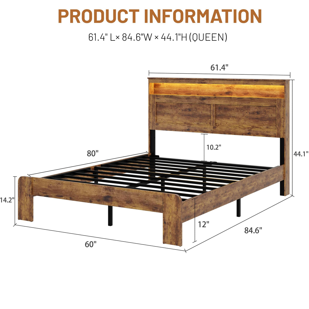 madeslves Wooden Bed Frame Queen Size with Storage Headboard, Brown