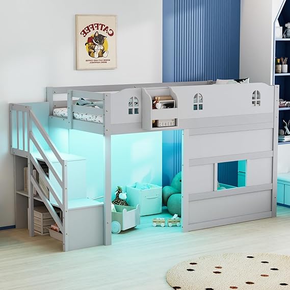 Twin Low Loft Bed with LED Lights & Storage
