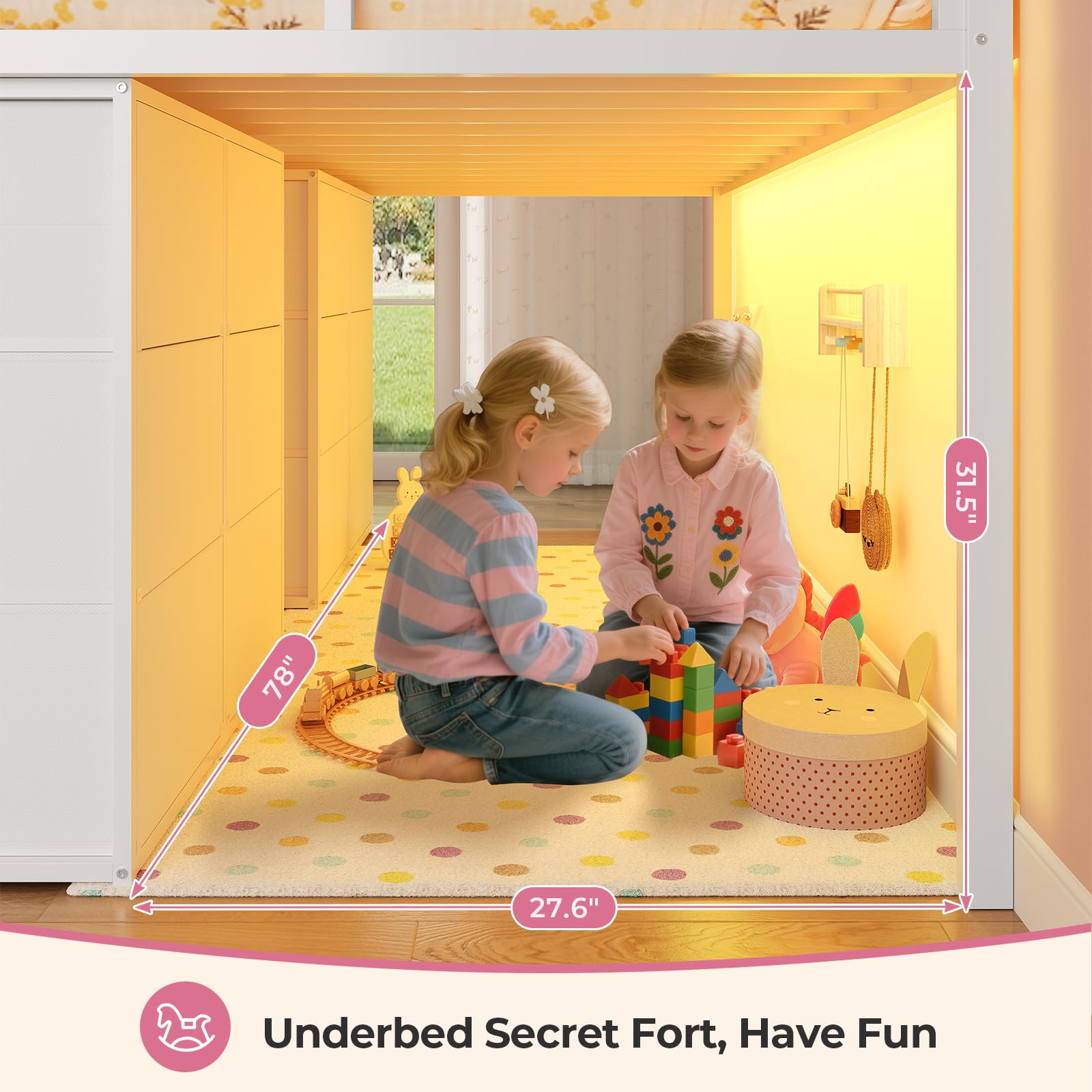 Kids Low Loft Bed Twin with Storage Drawers & LED Lights
