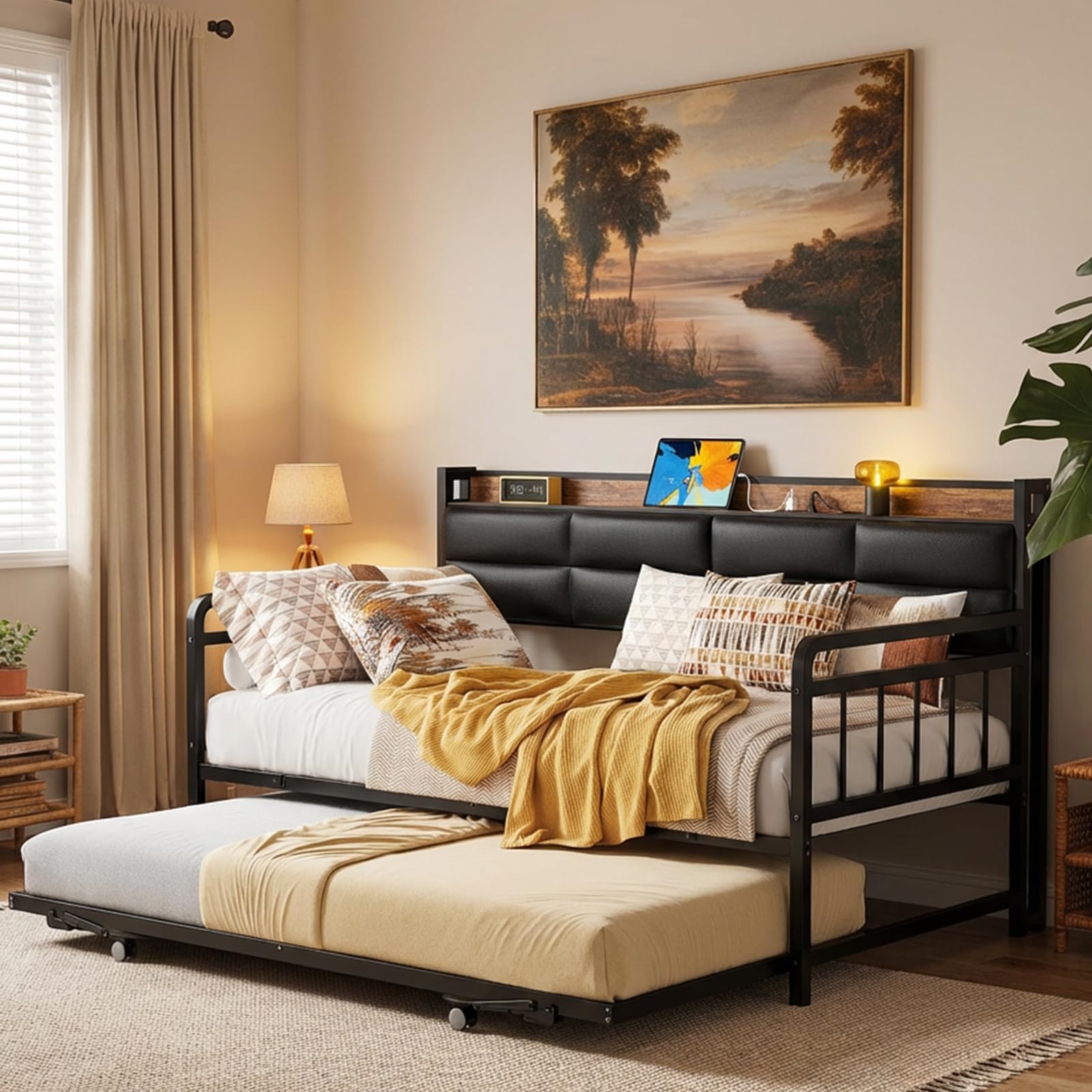 Homieasy Daybed with Trundle, Twin Day Bed with Upholstered Headboard and Charging Station, Metal Twin Sofa Bed Frame Pop-up Trundle Bed for Bedroom and Guest Room, Rustic Brown