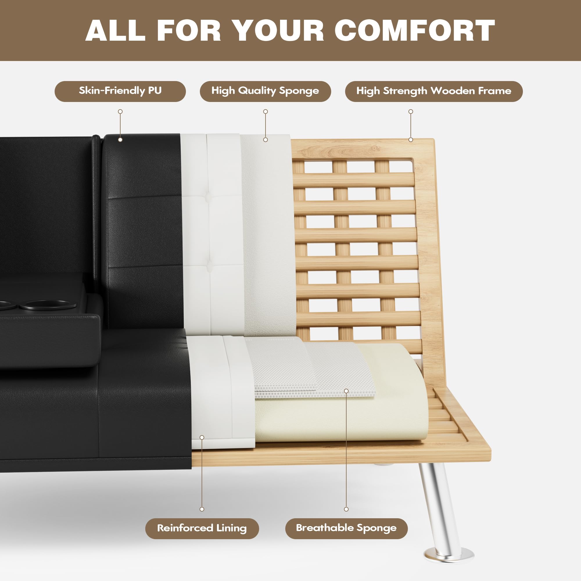 Faux Leather Futon Sofa Bed with Adjustable Backrest & Cup Holders