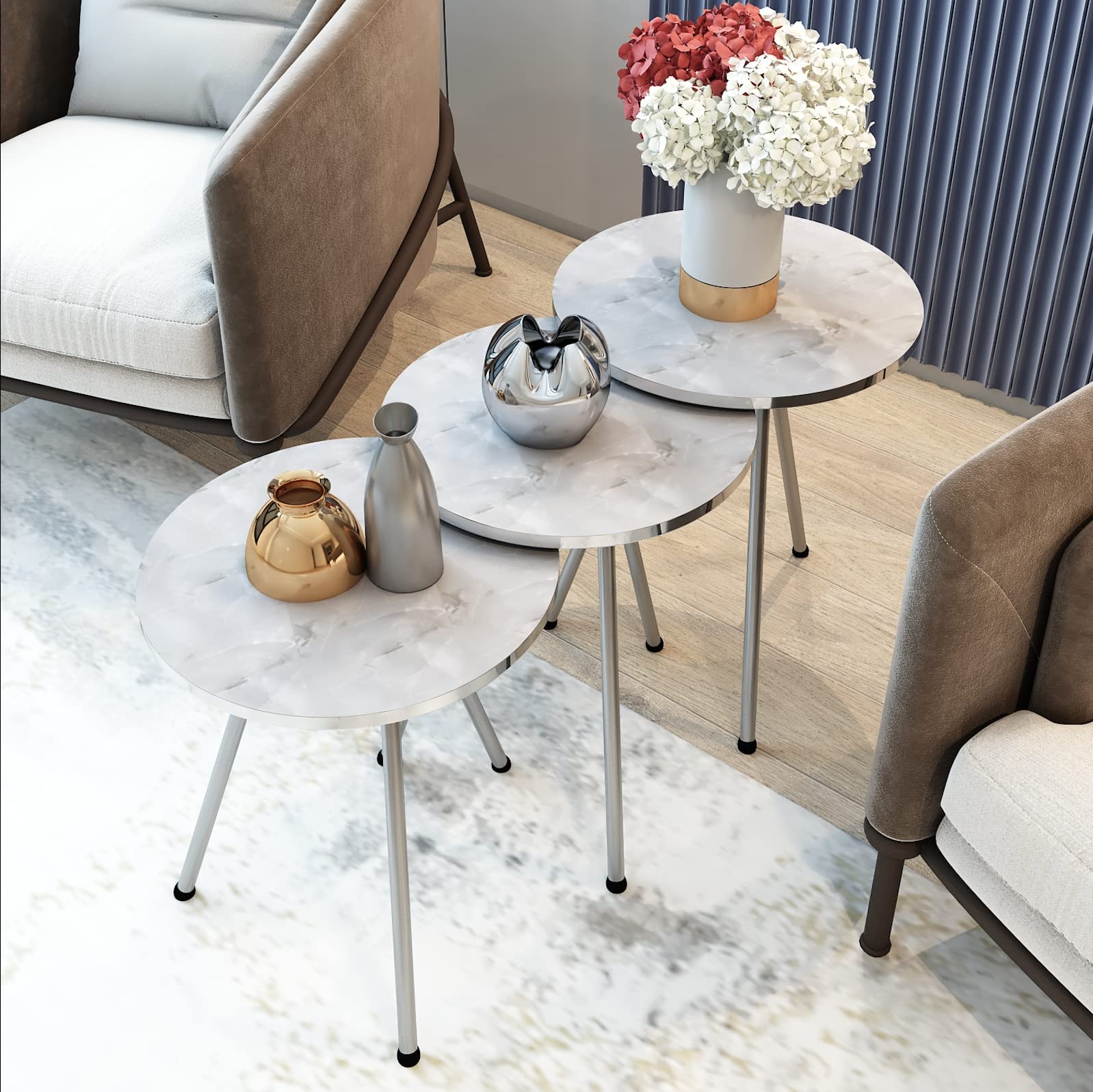 Round Nesting Tables Set of 3 – White Marble & Silver