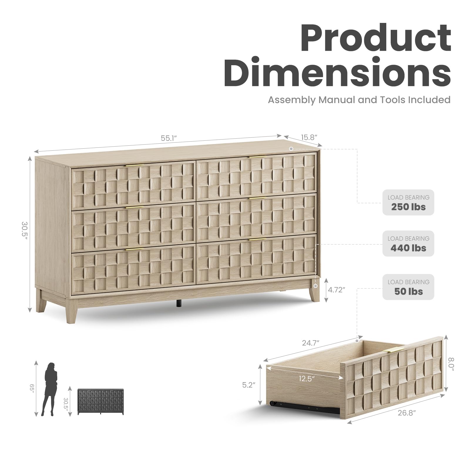 6-Drawer Fluted Dresser with Metal Handles