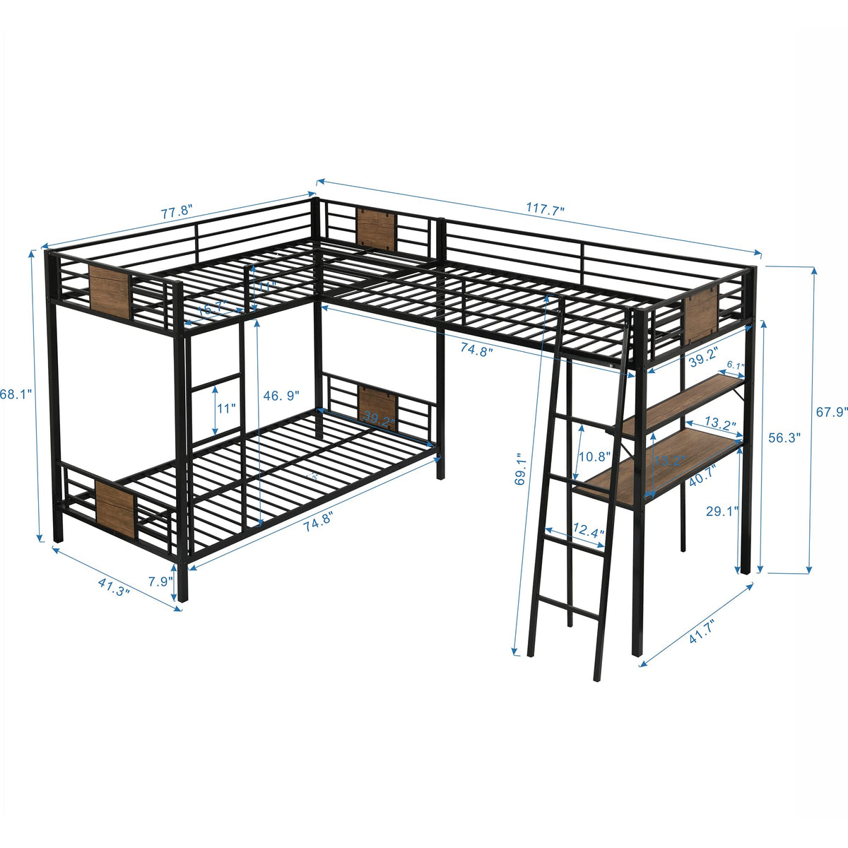 L-Shaped Triple Bunk Bed with Desk