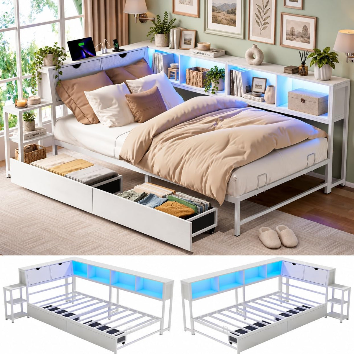 Buytime Twin Corner Bed Frame, L-Shaped Daybed, White