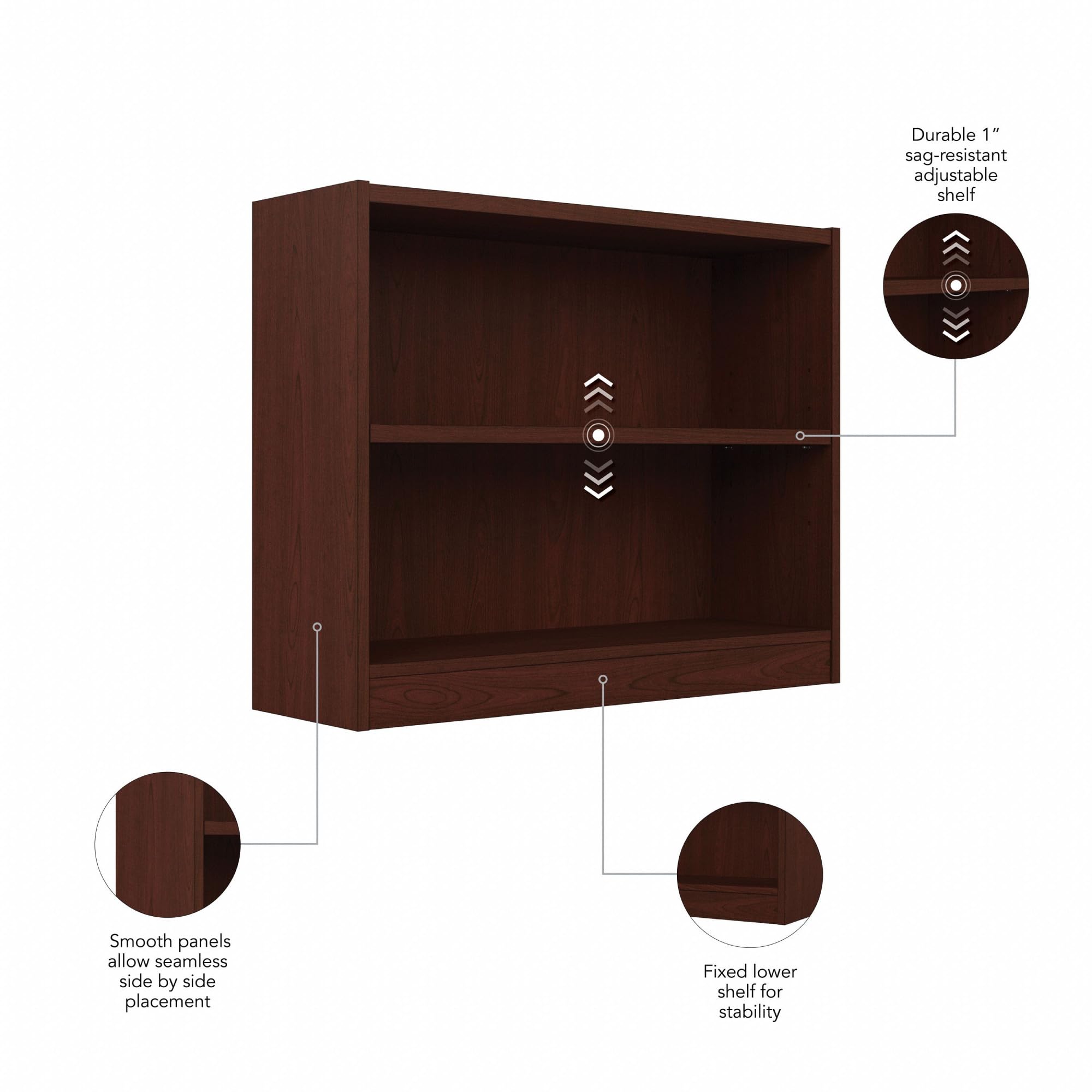 Bush Home Small 2 Shelf Bookcase, 2 Tier Bookshelf Storage Cabinet with Adjustable Shelf for Living Room, Bedroom or Home Office, Universal Collection, Vogue Cherry