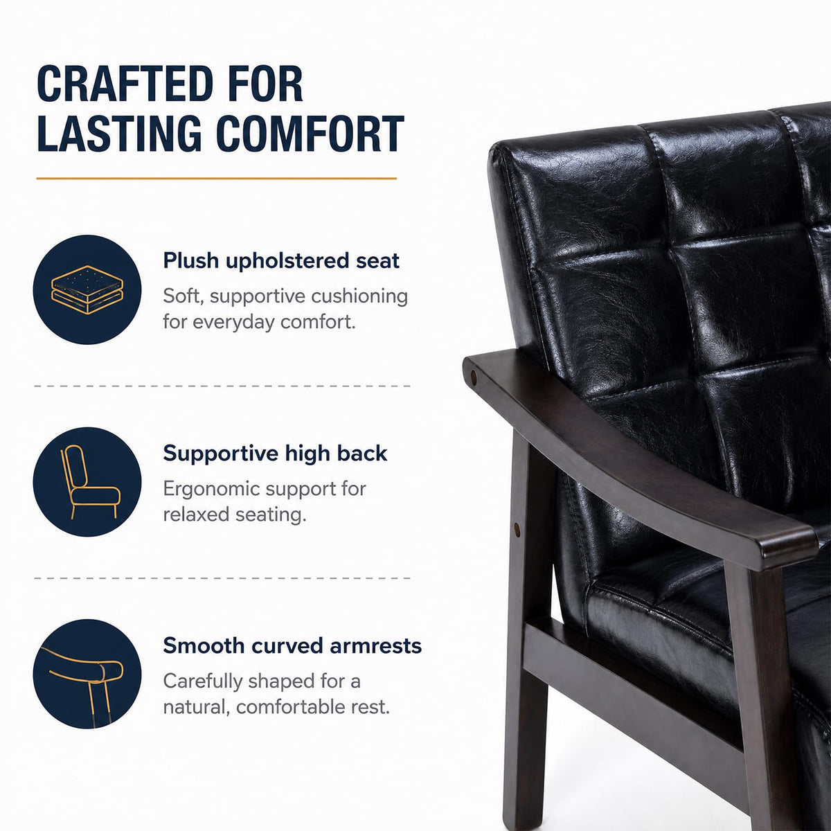 Hjaustevy Mid Century Modern Faux Leather Accent Chair, Lounge Chair Indoor Comfy Upholstered Armchair, MCM Wooden Side Chair with Solid Rubberwood Frame for Living Room Bedroom, 350lbs