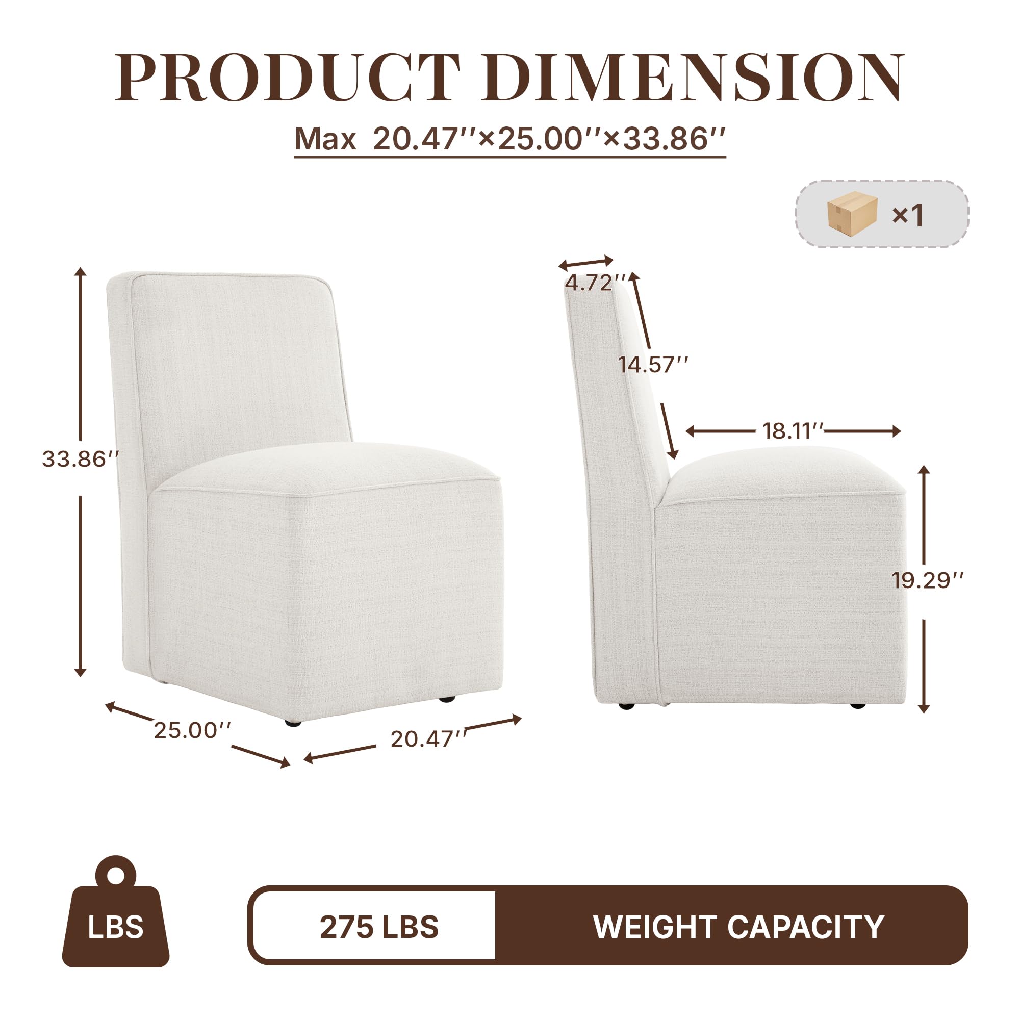 JOFFVIG Upholstered Dining Chair with Casters Set of 4, Armless Modern Rolling Chenille Dining Chairs with Wheels for Dining Room Bedroom Reading Room Living Room