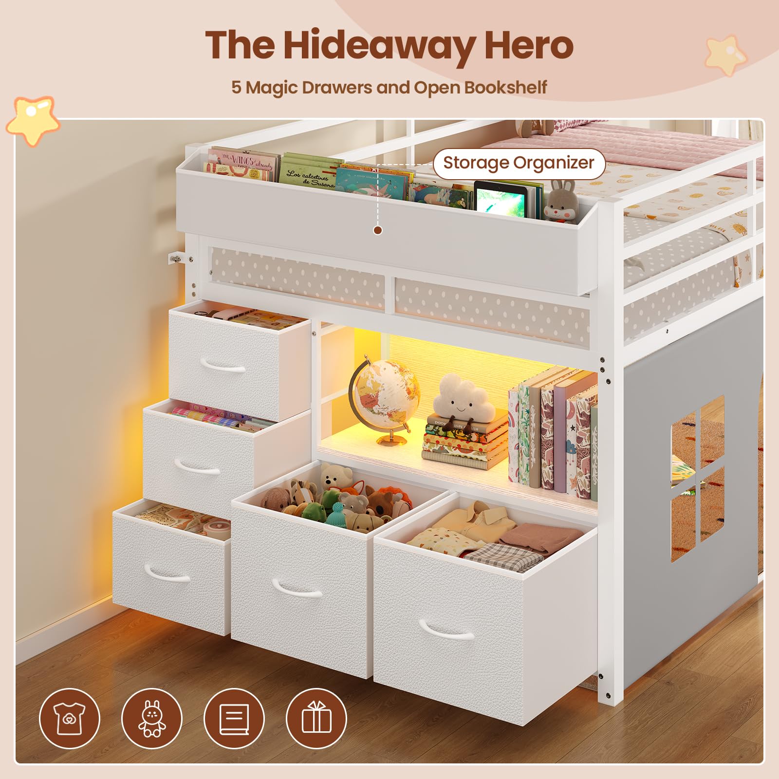 ADORNEVE Low Loft Bed Twin Size with Tent, 5 Storage Drawers, LED Lights, Metal Kids Loft Bed with Bookcase & Under-Bed Play Space,Twin Loft Beds with 13.8''H Safety Guardrail,Inclined Ladder, White