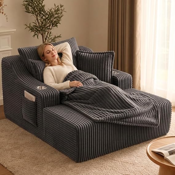 Oversized Chaise Lounge Chair with Cup Holder & Pillows