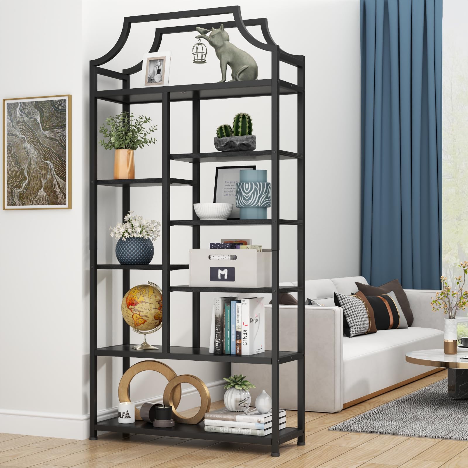 8-Tier Etagere Bookcase – Staggered Open Shelf with Metal Frame