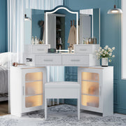 Corner Makeup Vanity with Lights & Tri-Way Mirrors