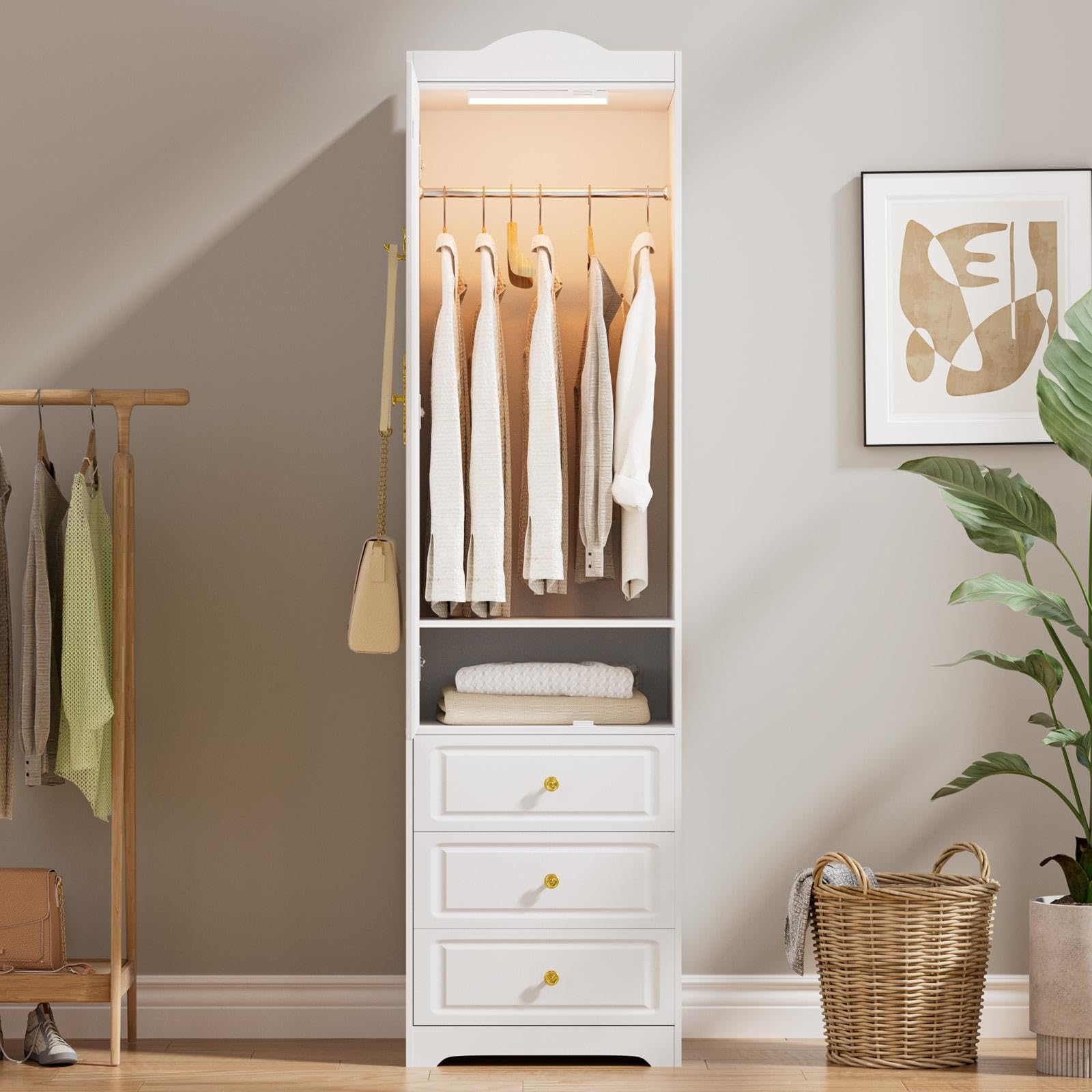 JanflyHome Armoire Wardrobe Closet, Updated White Bedroom Armoires Cabinet with Mirror Door and 3 Drawers, 15.7" W/69.5" H Clothing Storage Cabinet with Hanging Rod & Sensor Light for Bedroom-Left