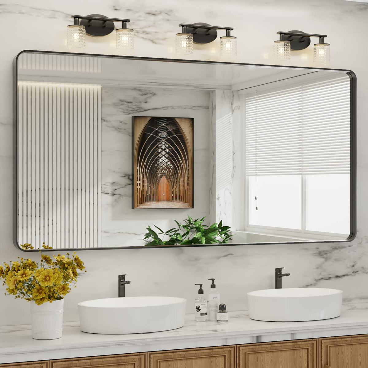 Black Metal-Framed Bathroom Mirror