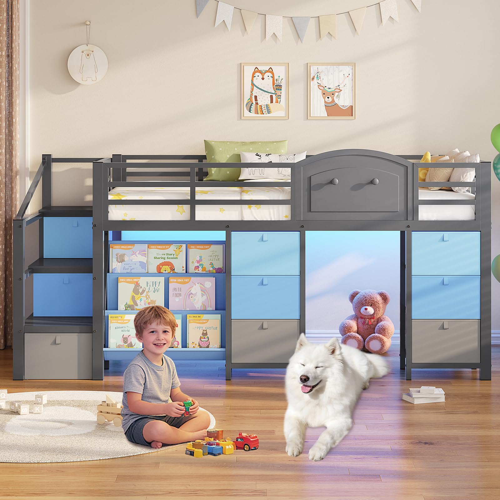 Kids Low Loft Bed Twin with Storage Drawers, LED Lights & Playhouse