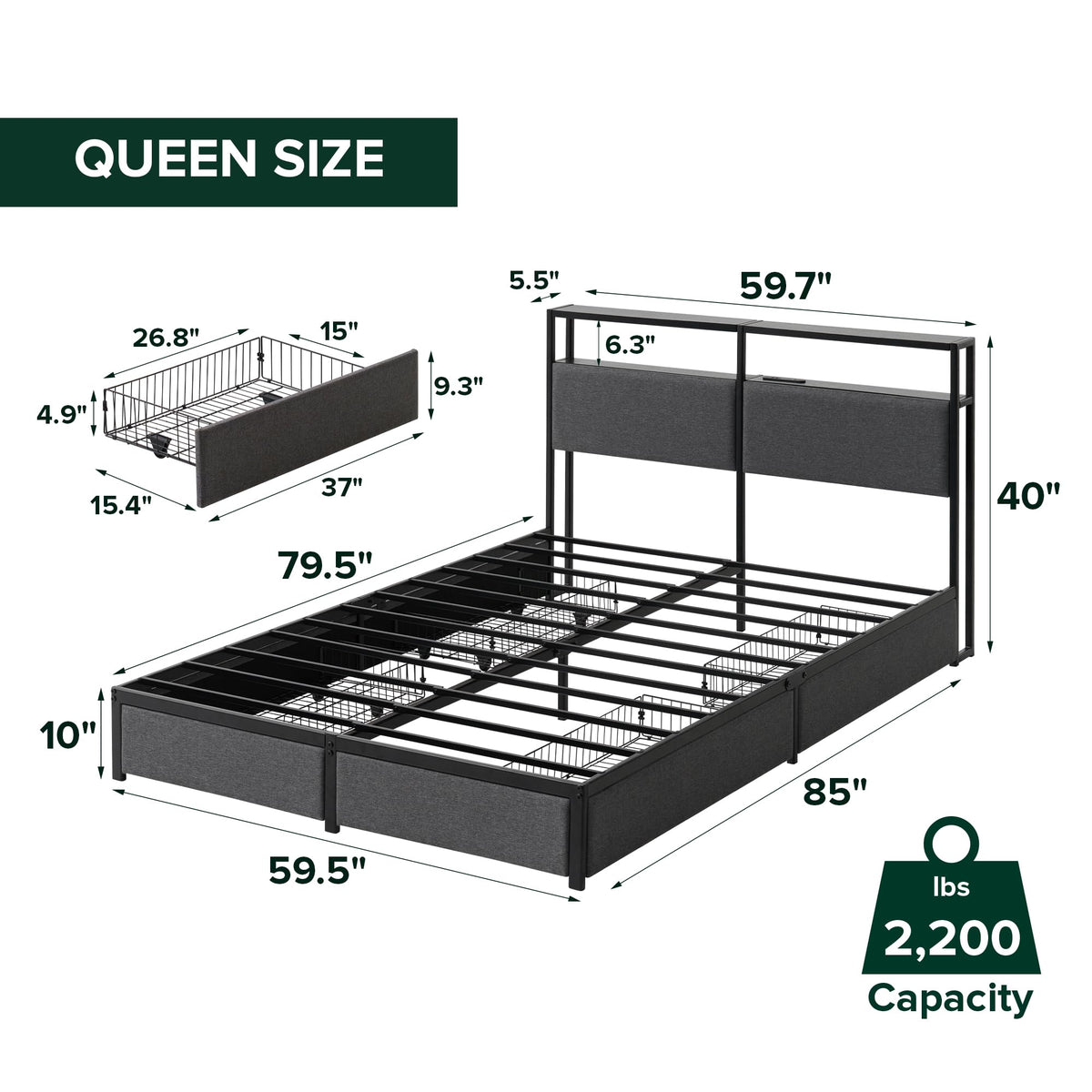Queen Upholstered Storage Bed with LED Lights