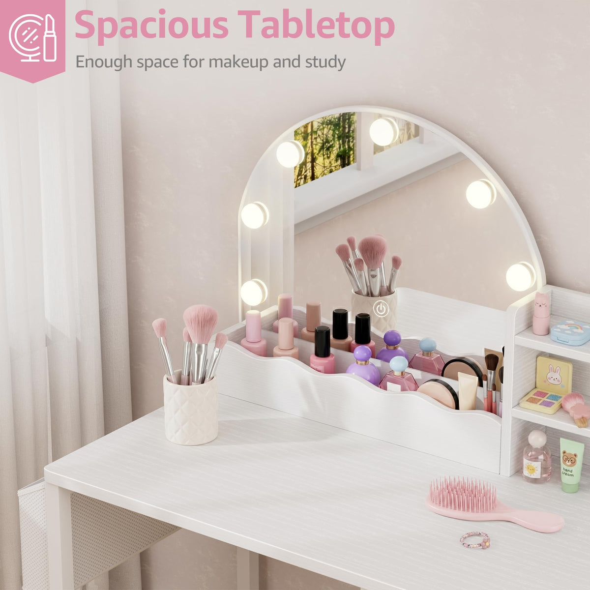 BOLUO Kids Vanity for Girls, Kids Vanity Table and Chair Set with Light and Mirror, 2 in 1 Kid Vanity Set, Princess Makeup Vanity Desk with Drawers White