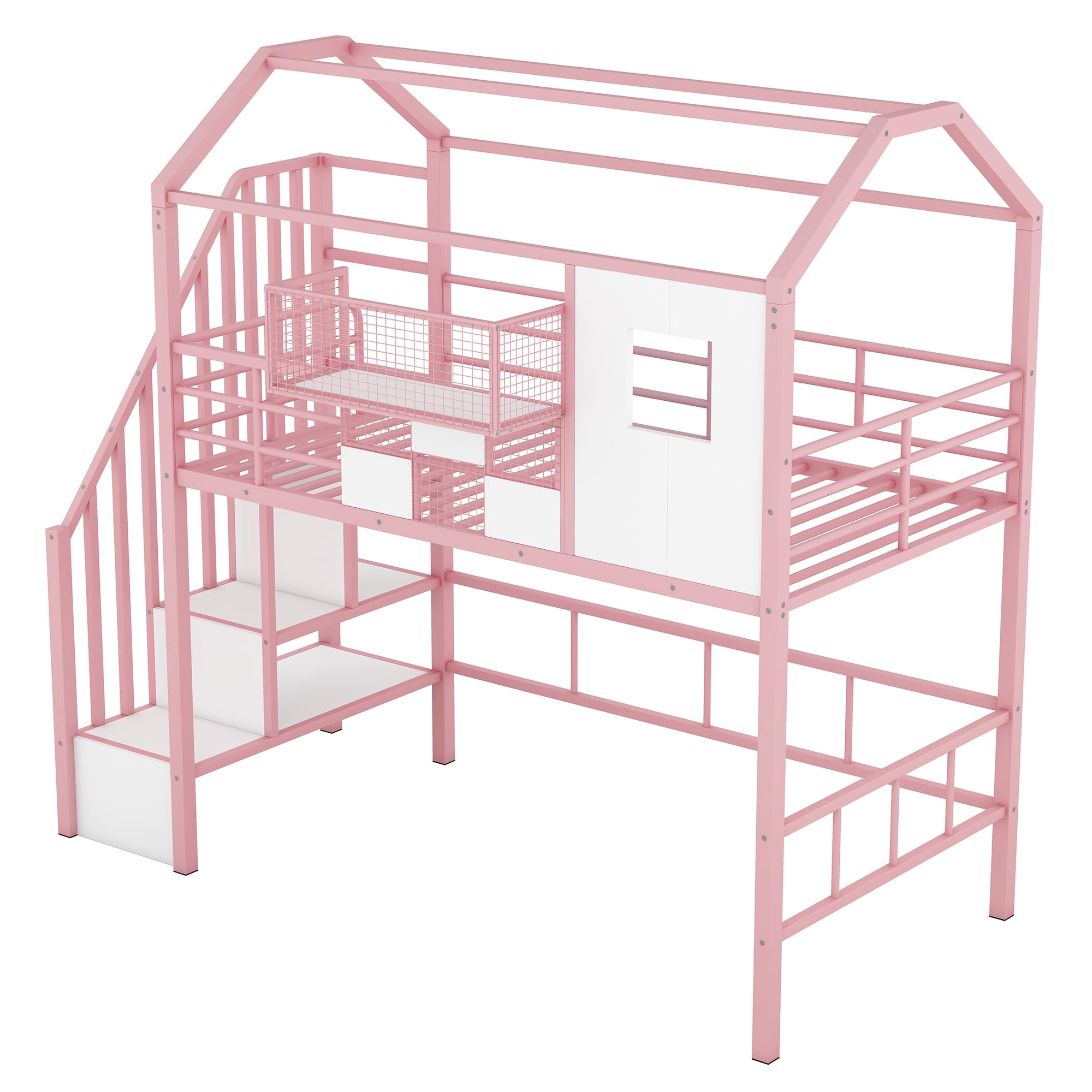 Twin Size House Loft Bed with Stairs & Storage