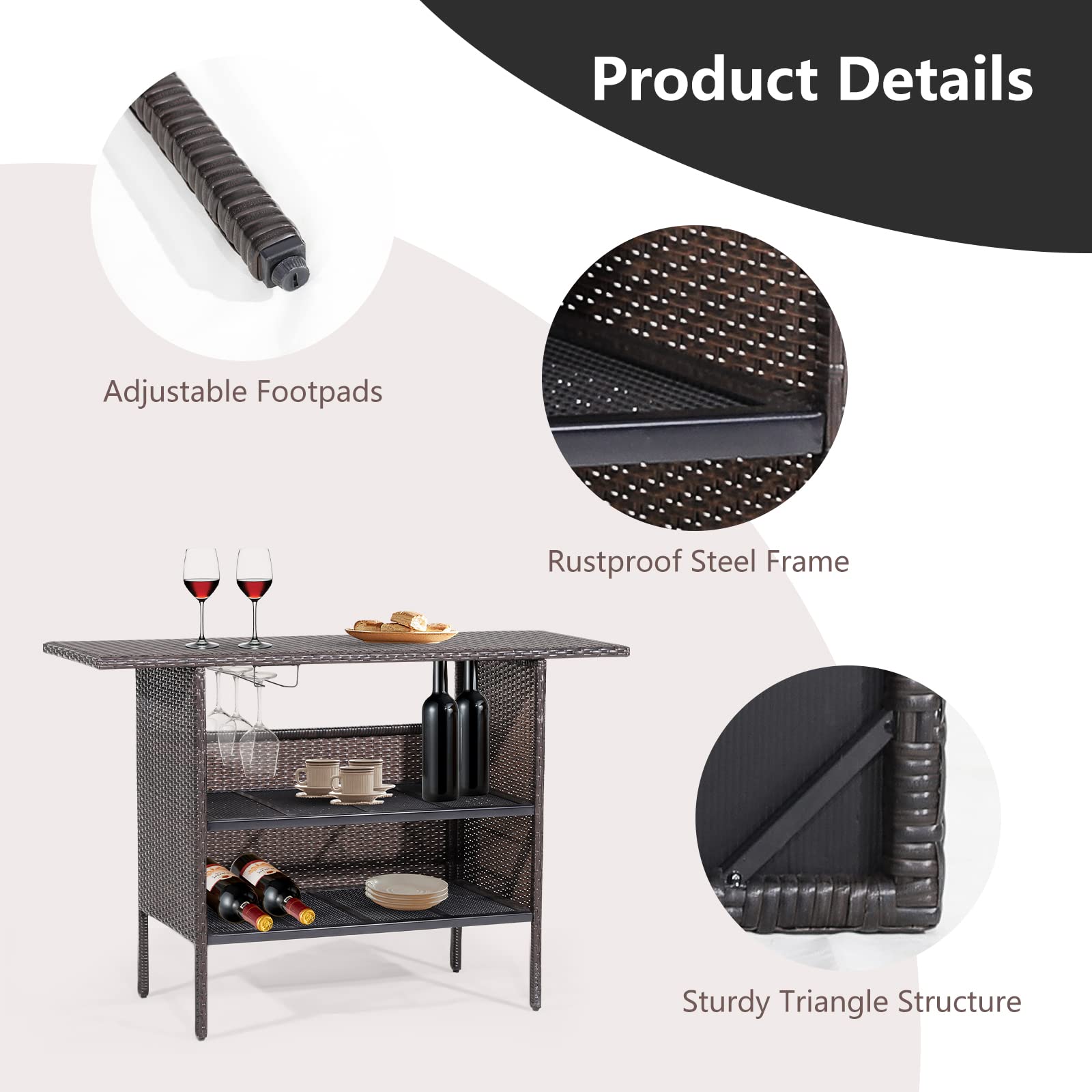 Tangkula Outdoor Wicker Bar Table, Patiojoy All Weather Patio Bar Height Table with 2 Metal Mesh Shelves & 2-Rail Steel Stemware Racks, Rattan Bar Counter Table for Backyard, Poolside (Mix Brown)