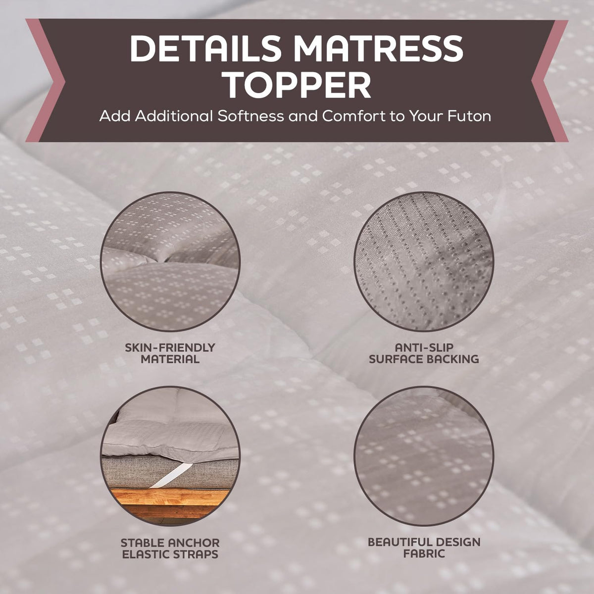 CirclesHome Grey Futon Mattress Toppers with Anti-Slip Anchors - Futon Cover Filled with Plush Down Alternative Fill - Full Size Futon Cover is Soft, Comfortable and Allergy Free (Size: 54 x 75 x 2)