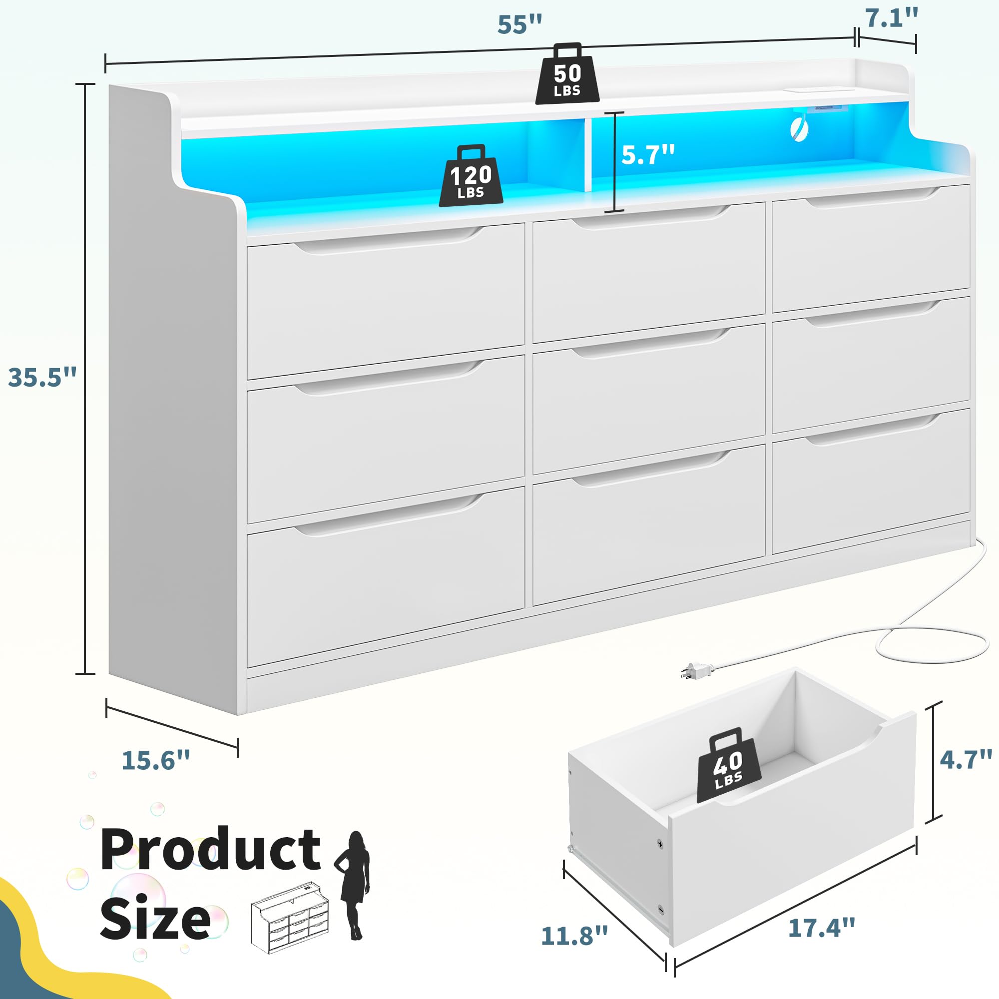 DurayLoly White Dresser for Bedroom with LED Light & Charging Station Modern 9 Drawer Dresser for Bedroom Wood Chest of Drawers for Living Room Hallway, Anti-Tip Safety, 15.6" D x 55" W x 35.5" H