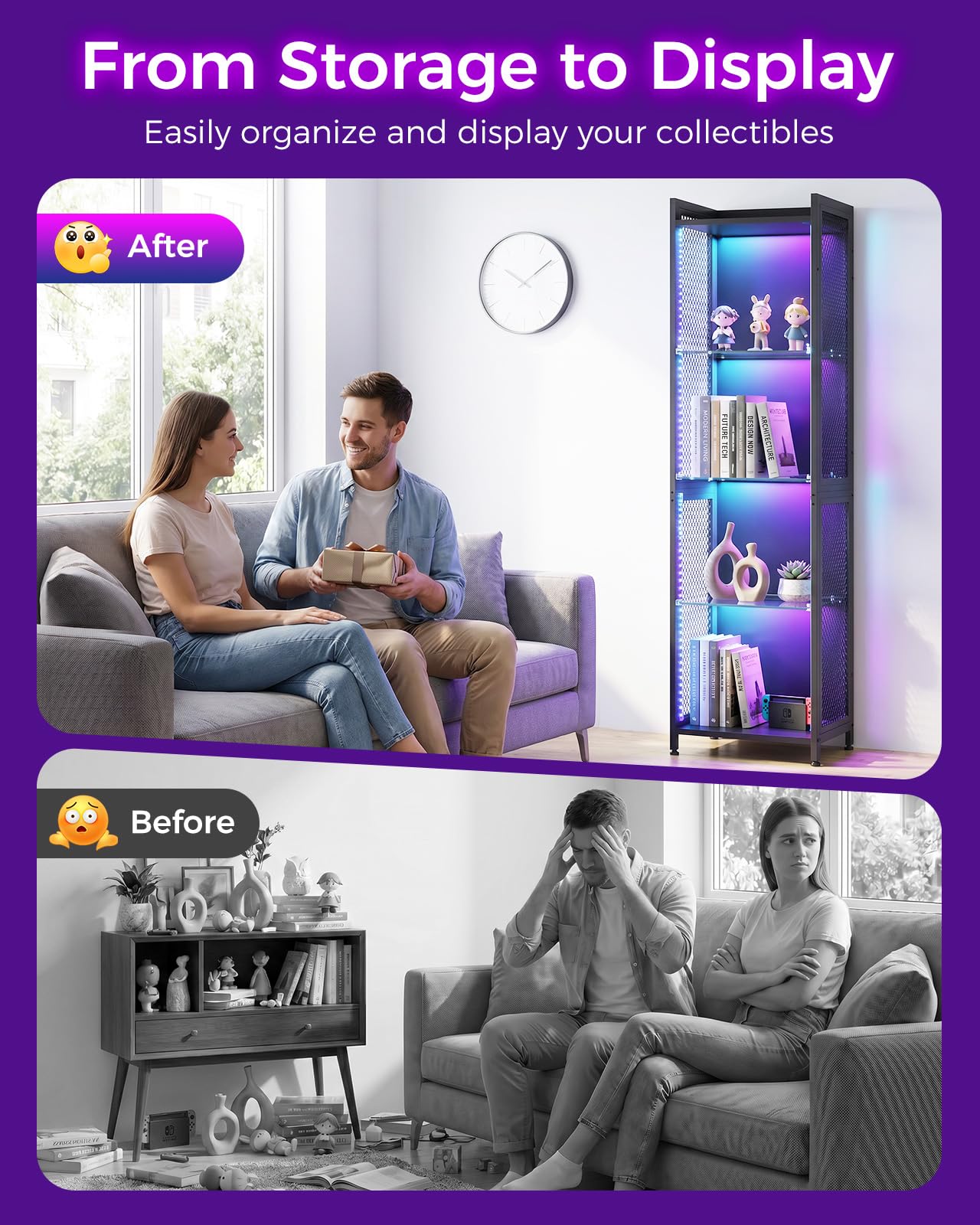 4-Tier LED Display Cabinet with Glass Shelves
