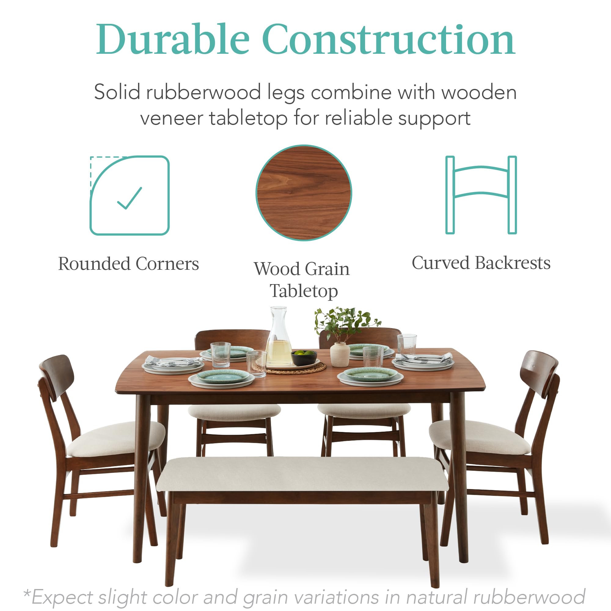 6-Piece Mid-Century Modern Dining Set with Bench