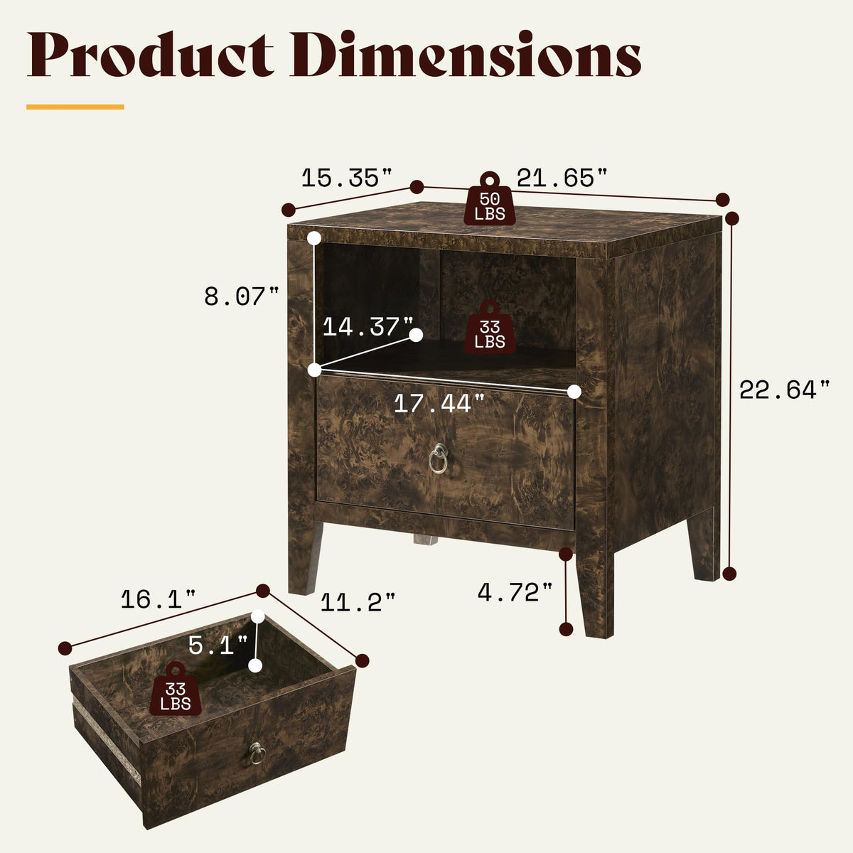 AMERLIFE Nightstand Set of 2 Mid Century Modern Bedside Table, Brown