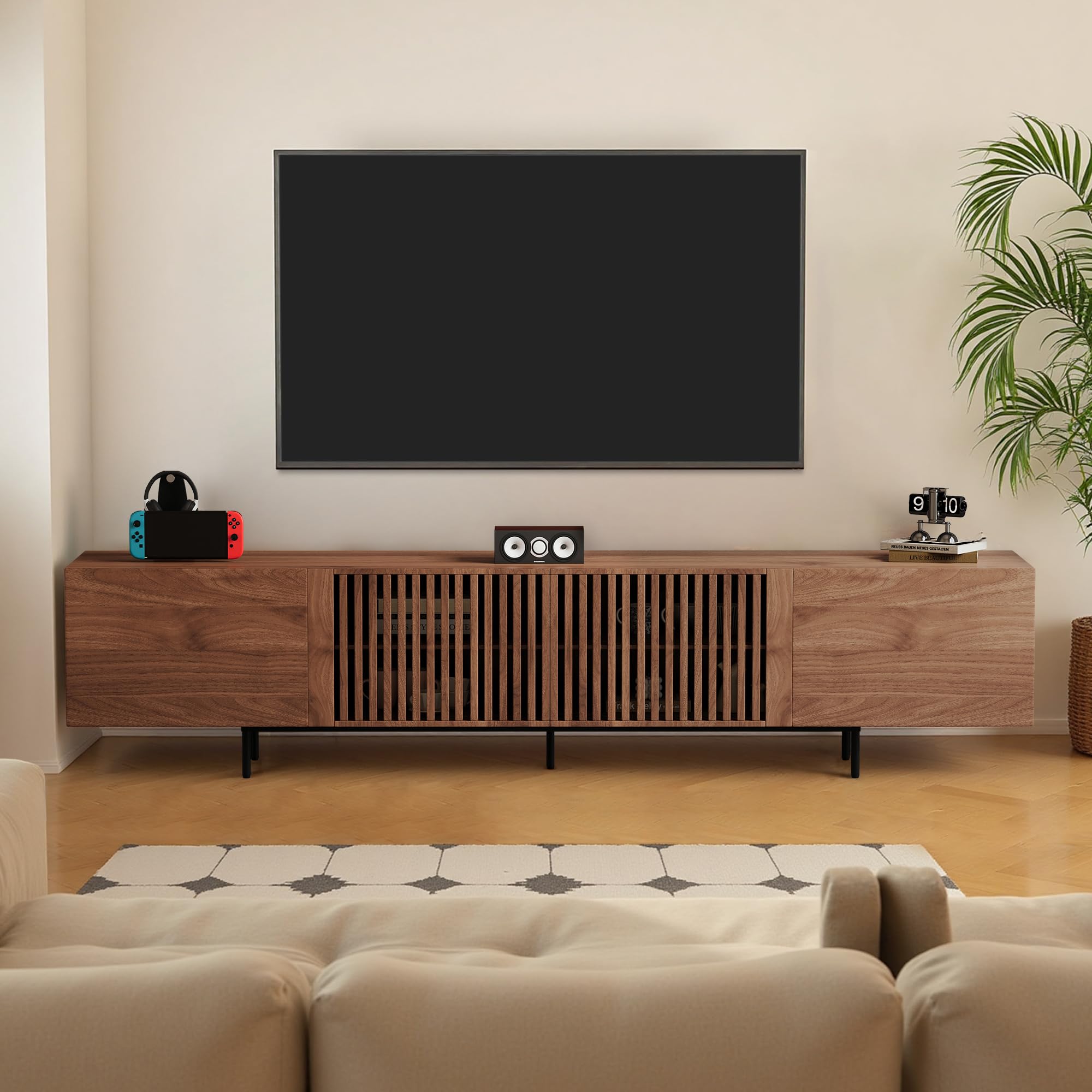Pajiasen 94.48″ Mid Century Modern Walnut TV Stand with Grille Doors, Storage Cabinets,Entertainment Center for TVs Up to 80",Media Console for Living Room or Bedroom