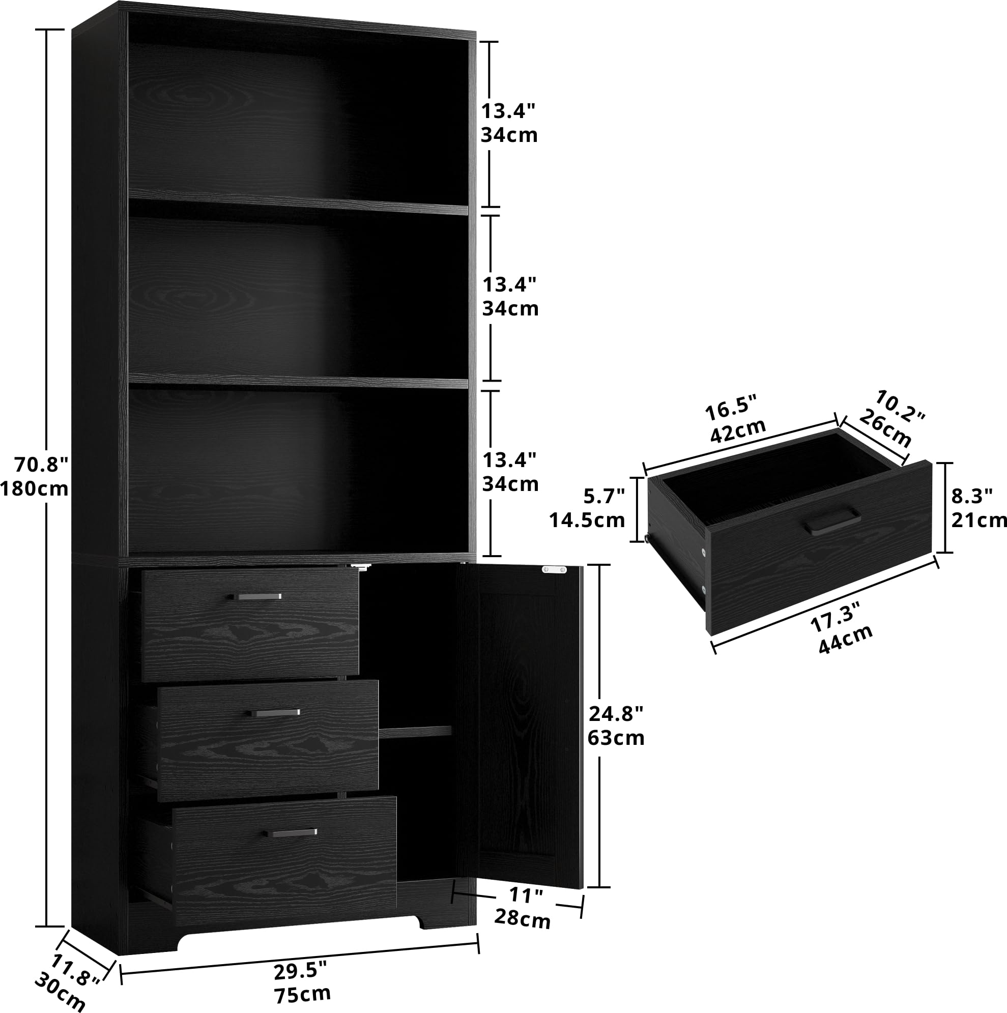 71" Bookshelf with Drawers, Doors & 3-Tier Shelves