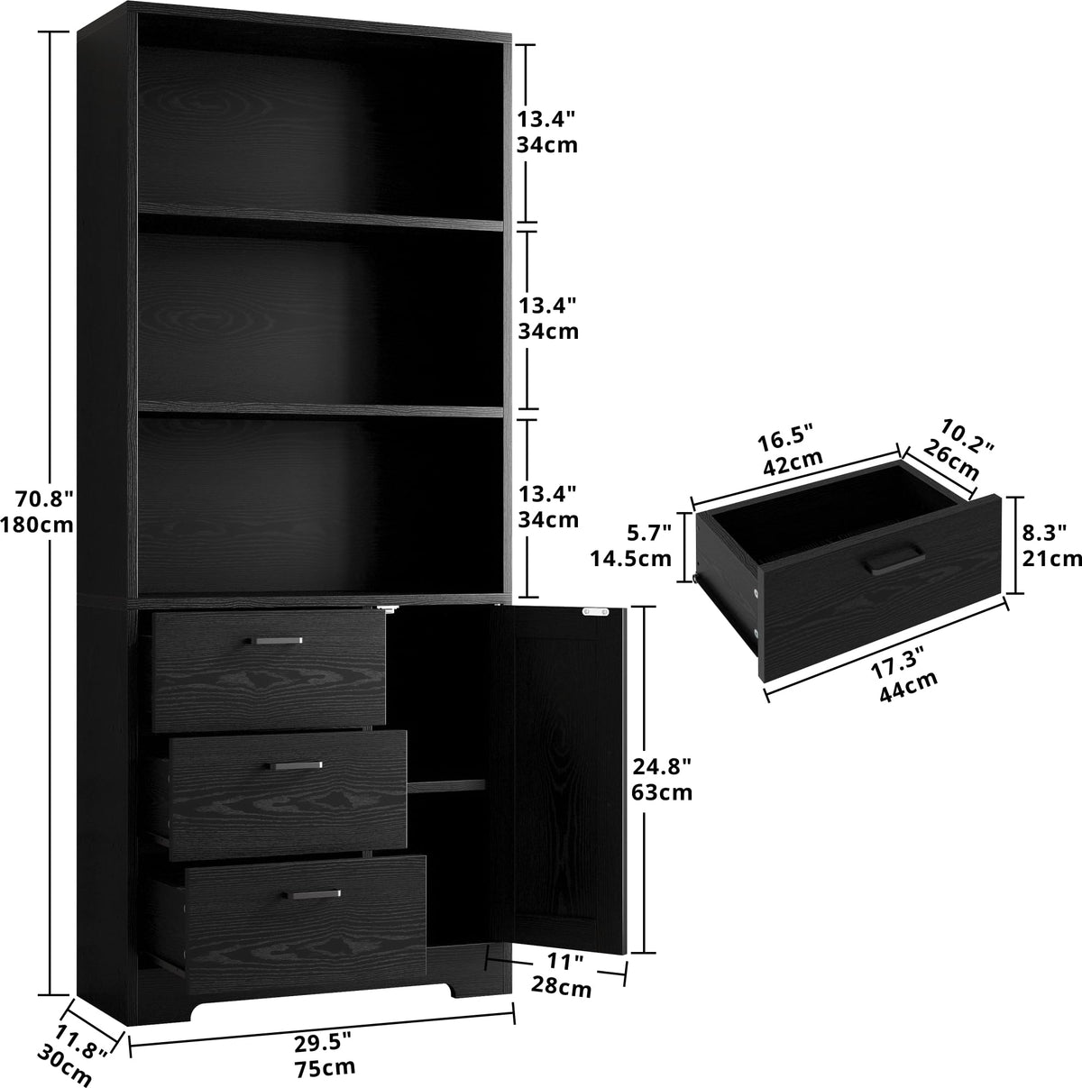 IRONCK Book Shelf 71in, Bookshelf with Doors and Drawers, Black