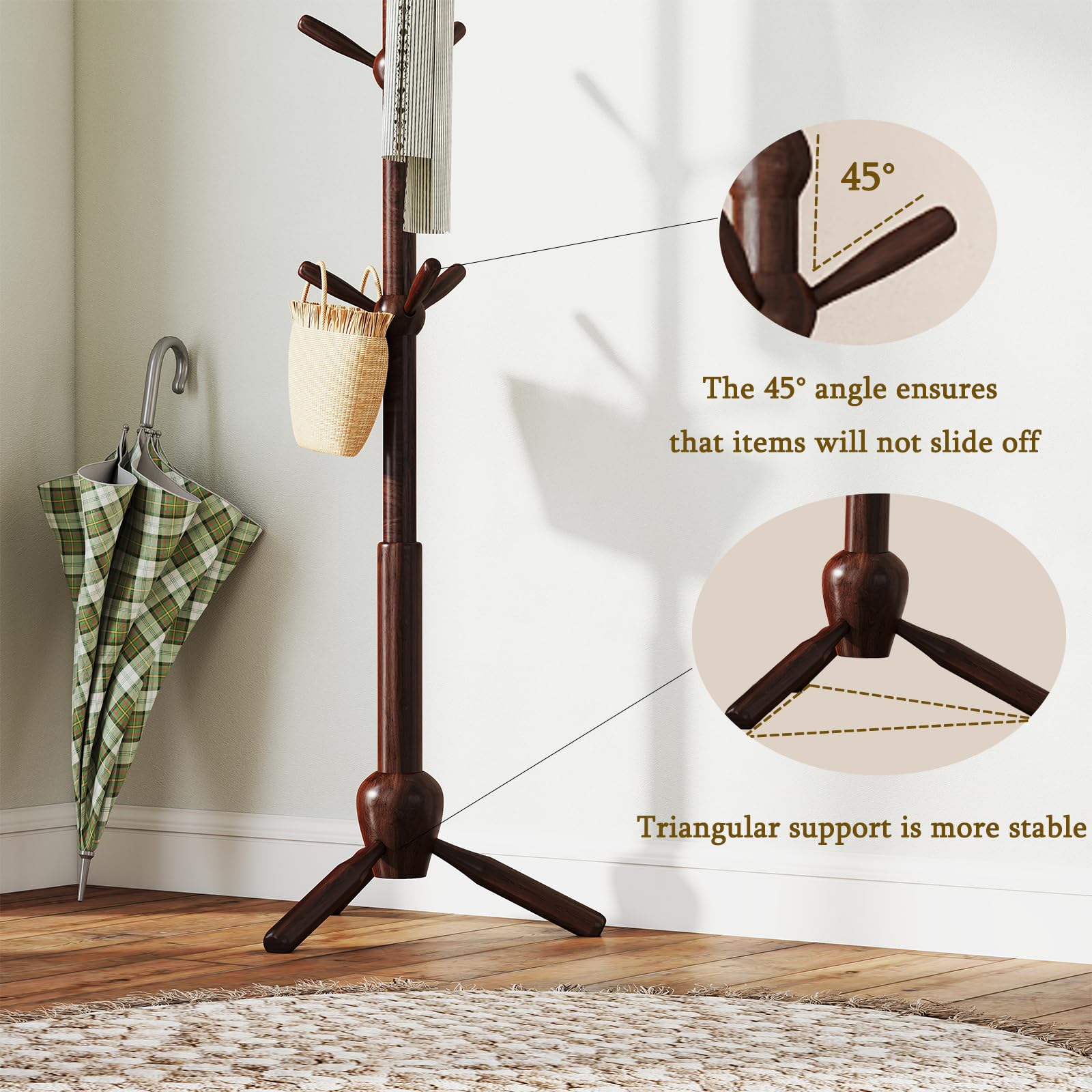 Solid Wood Coat Rack Stand with 9 Hooks