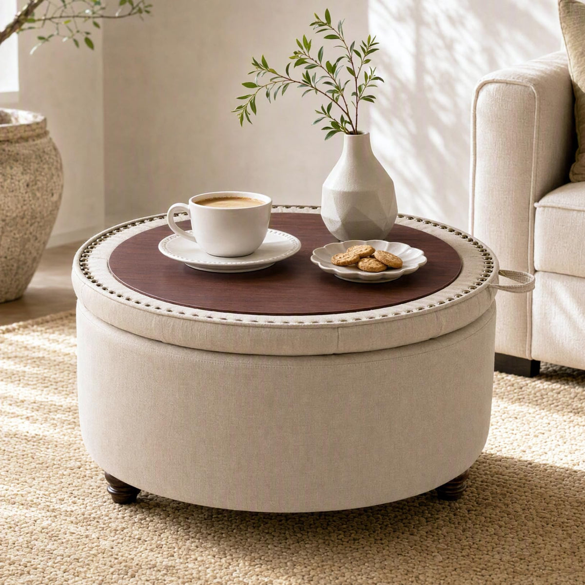 Round Chenille Storage Ottoman