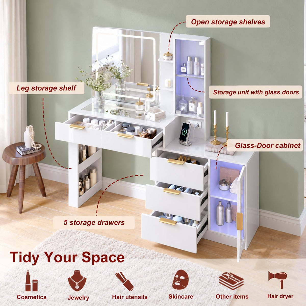 57“Makeup Vanity Desk with Mirror and Lights, Vanity Desk with 5 Drawers & RGB Cabinet Lighting, Vanity Table with Power Outlet, 3 Color Modes & Adjustable Brightness Dressing Table, Bedroom,White