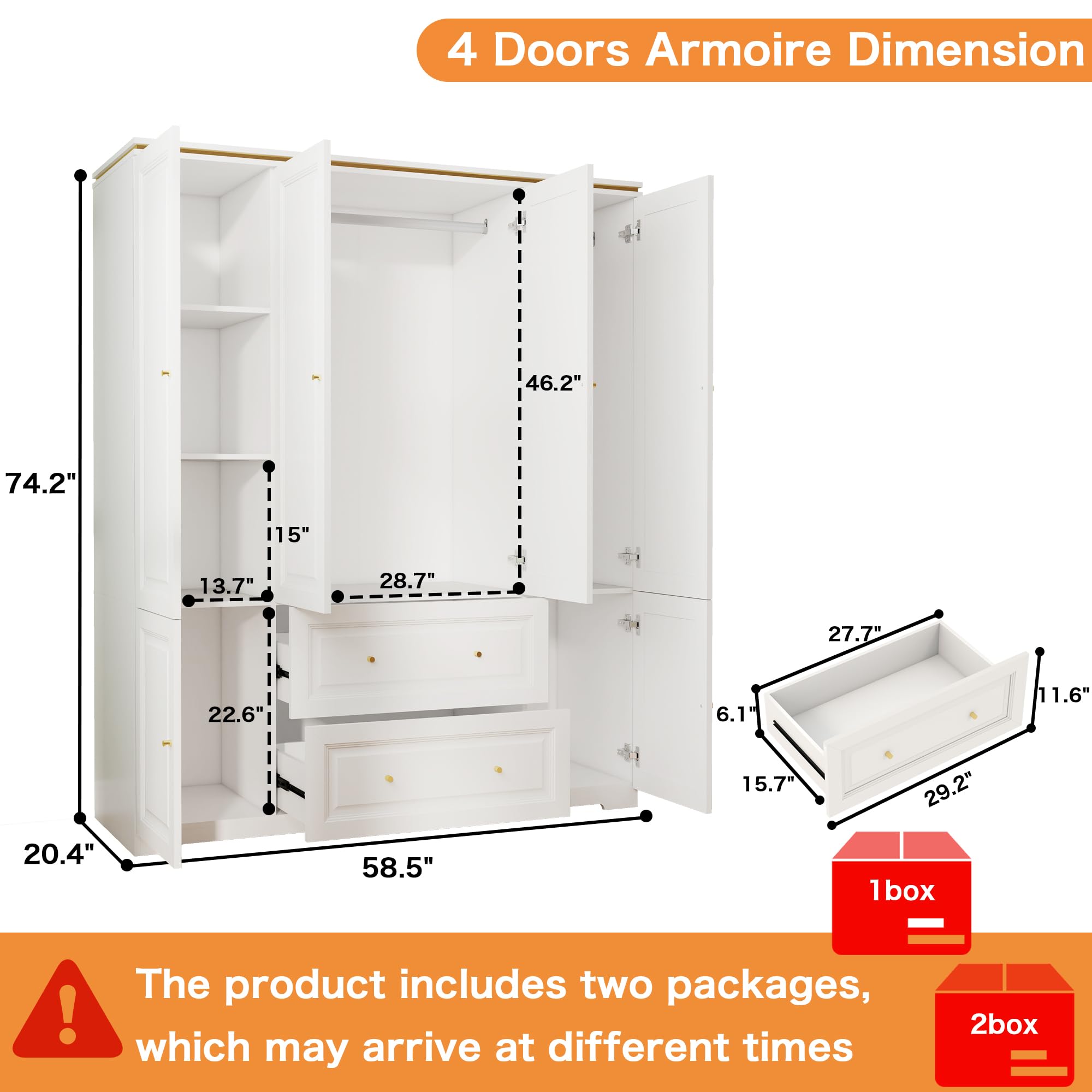 Wardrobe Closet with Drawers and Hanging Rod