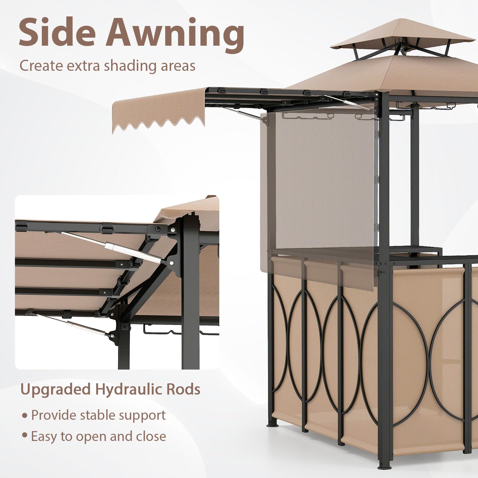Tangkula 3 Piece Patio Bar Set, Grill Gazebo & 2 Foldable Bar Stools with Awning, Metal Storage Shelves, Glass Holders, Double-Tier Outdoor Shelter for Patio Poolside Garden Backyard (Coffee)