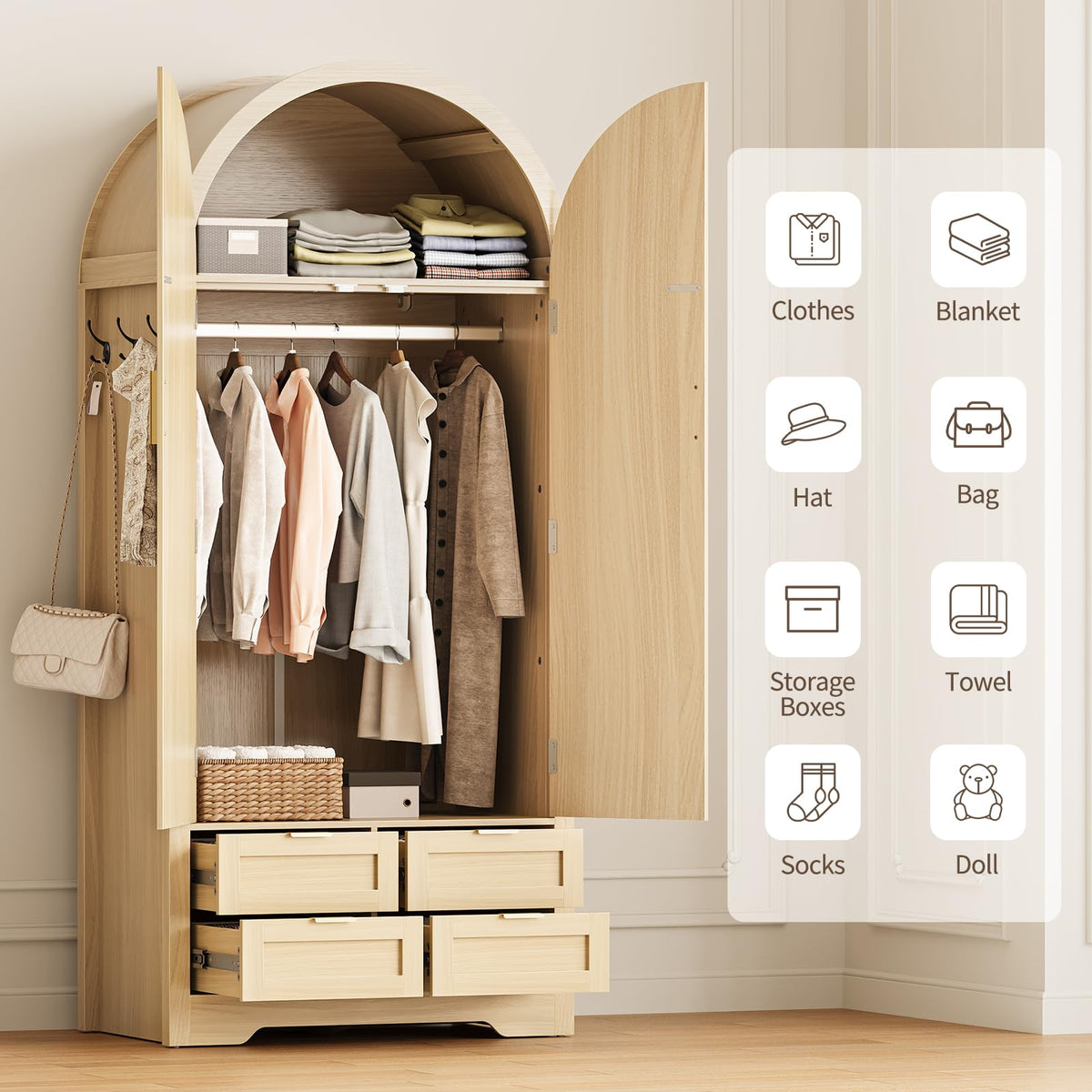 Arched Rattan Wardrobe with Drawers